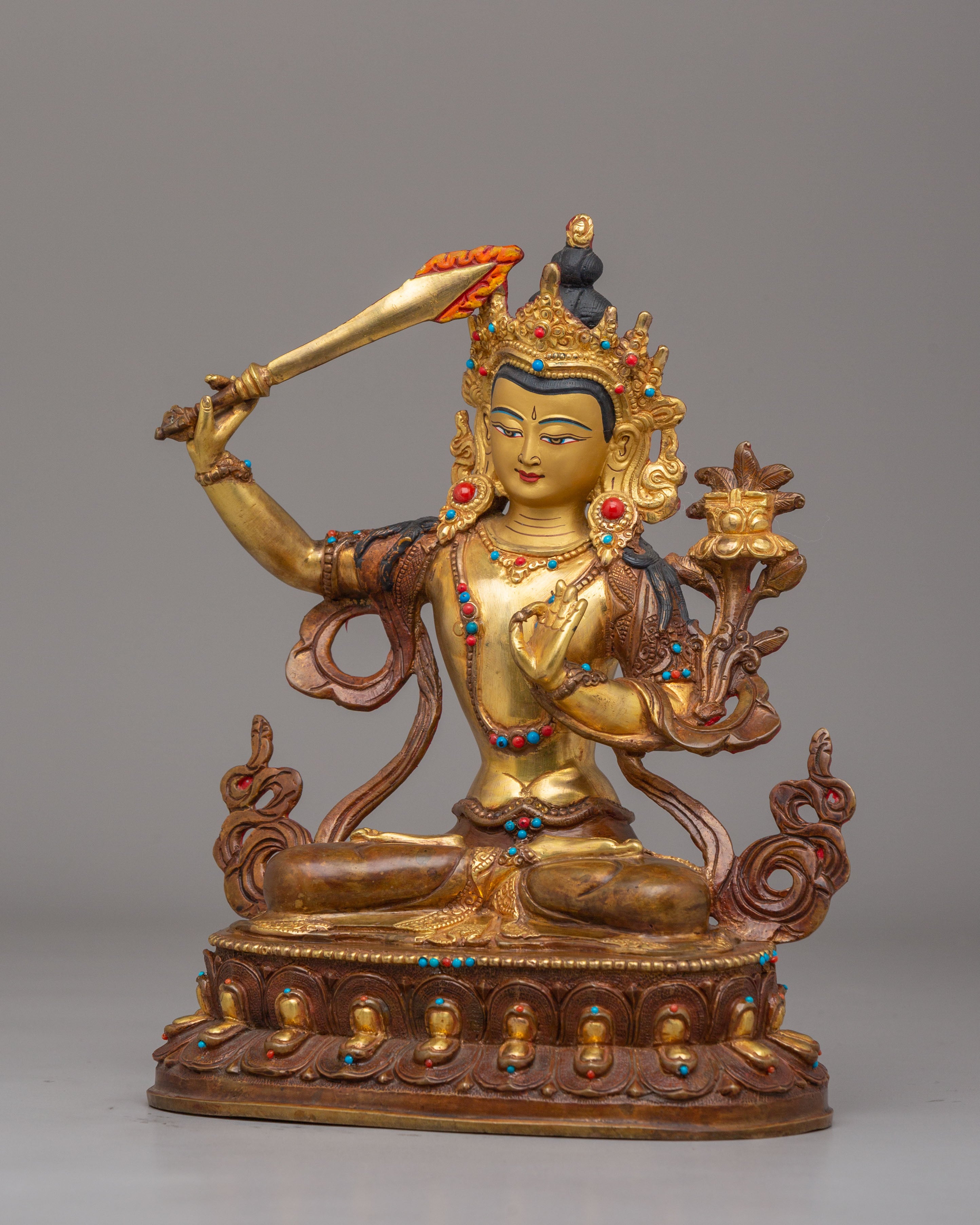 Manjushri Sacred Wisdom Deity Statue | Gold Plated Copper Figurine