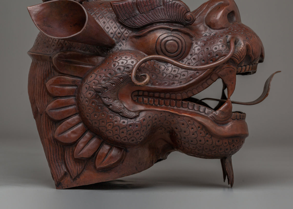 Carved Dragon Head Sculpture | Traditional Oxidized Copper Artwork
