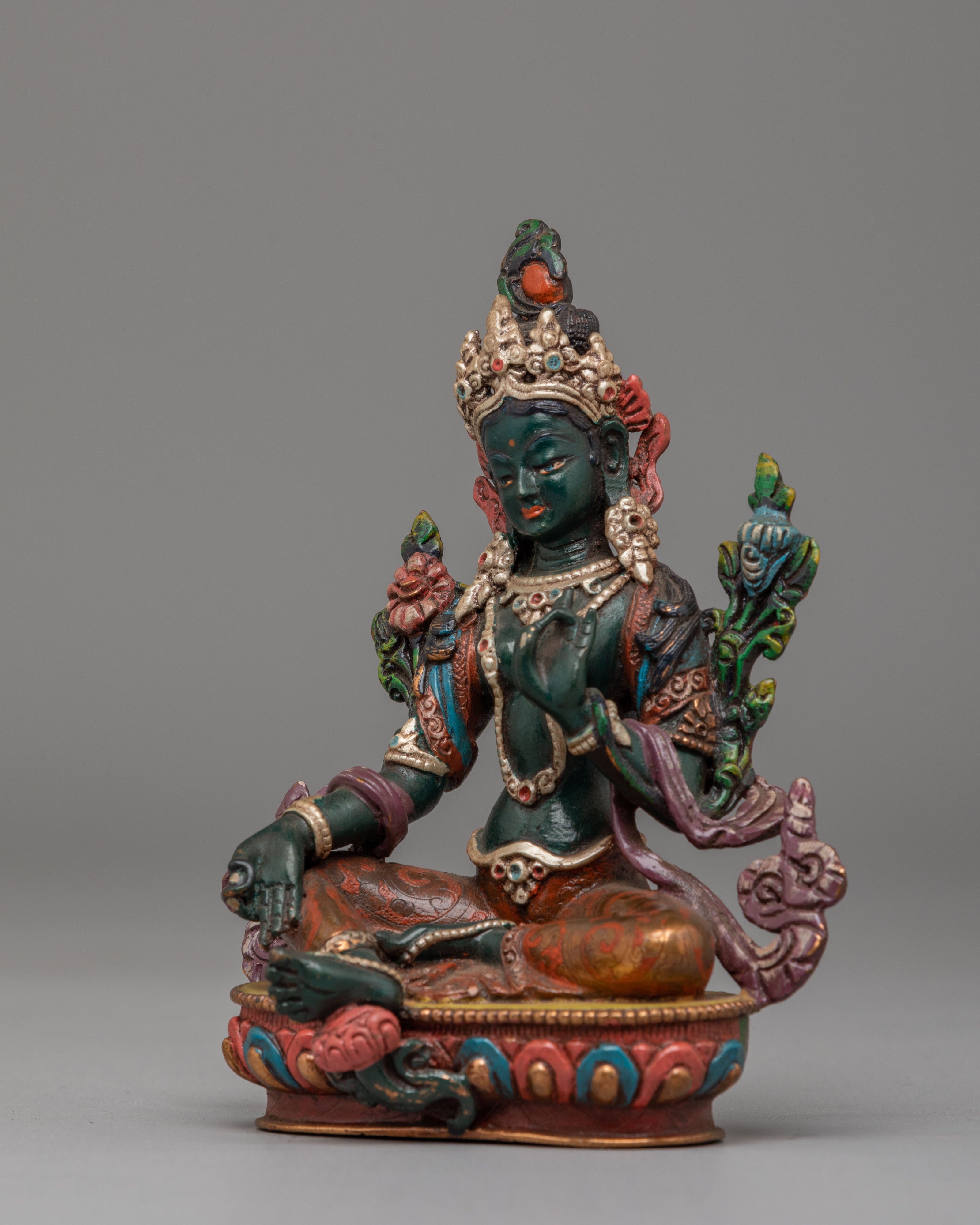 Himalayan Altar Green Tara Deity Statue | Copper Body with Silver Plating