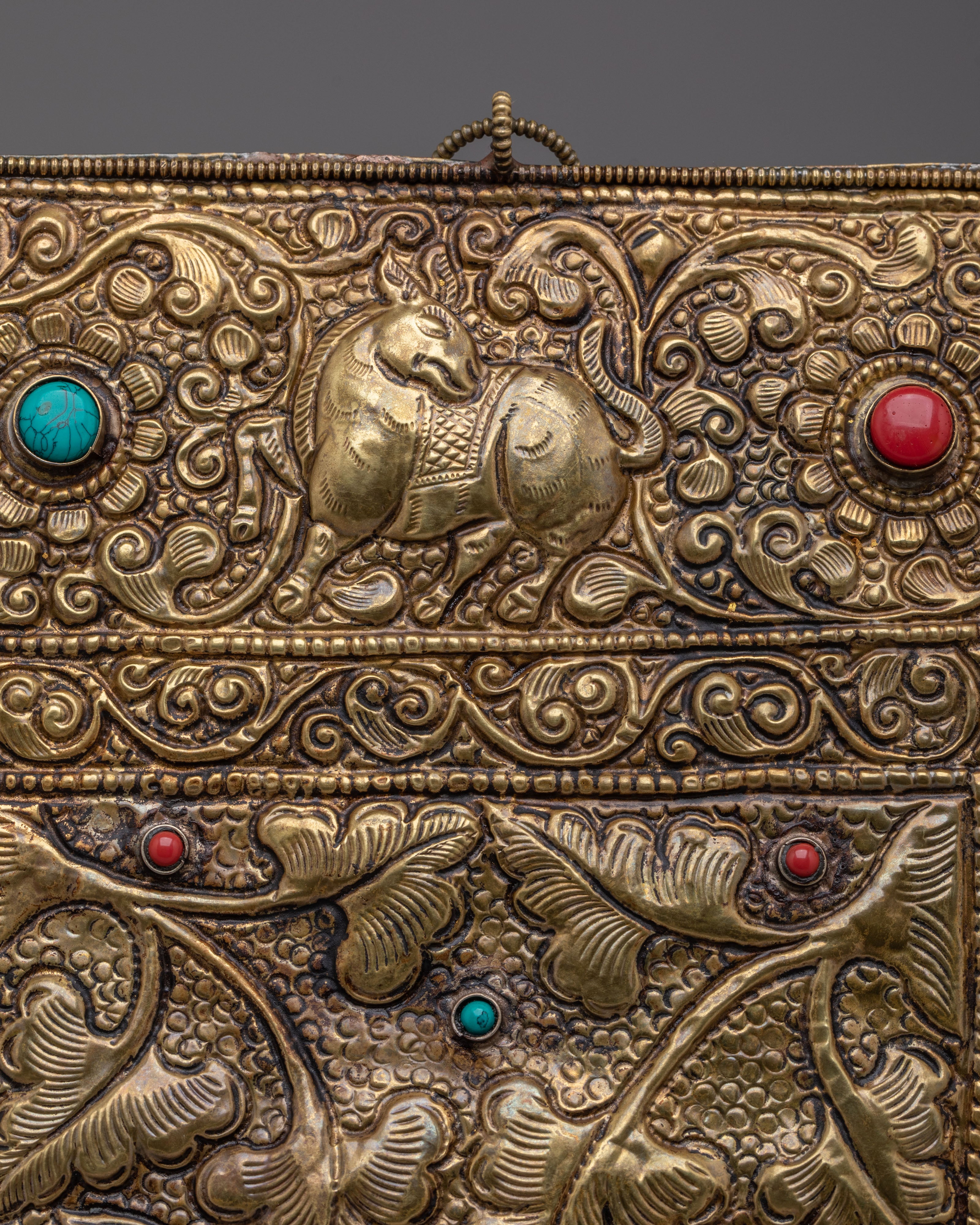 Decorative Tibetan Wall Hanging | Gemstone Inlaid Copper Art