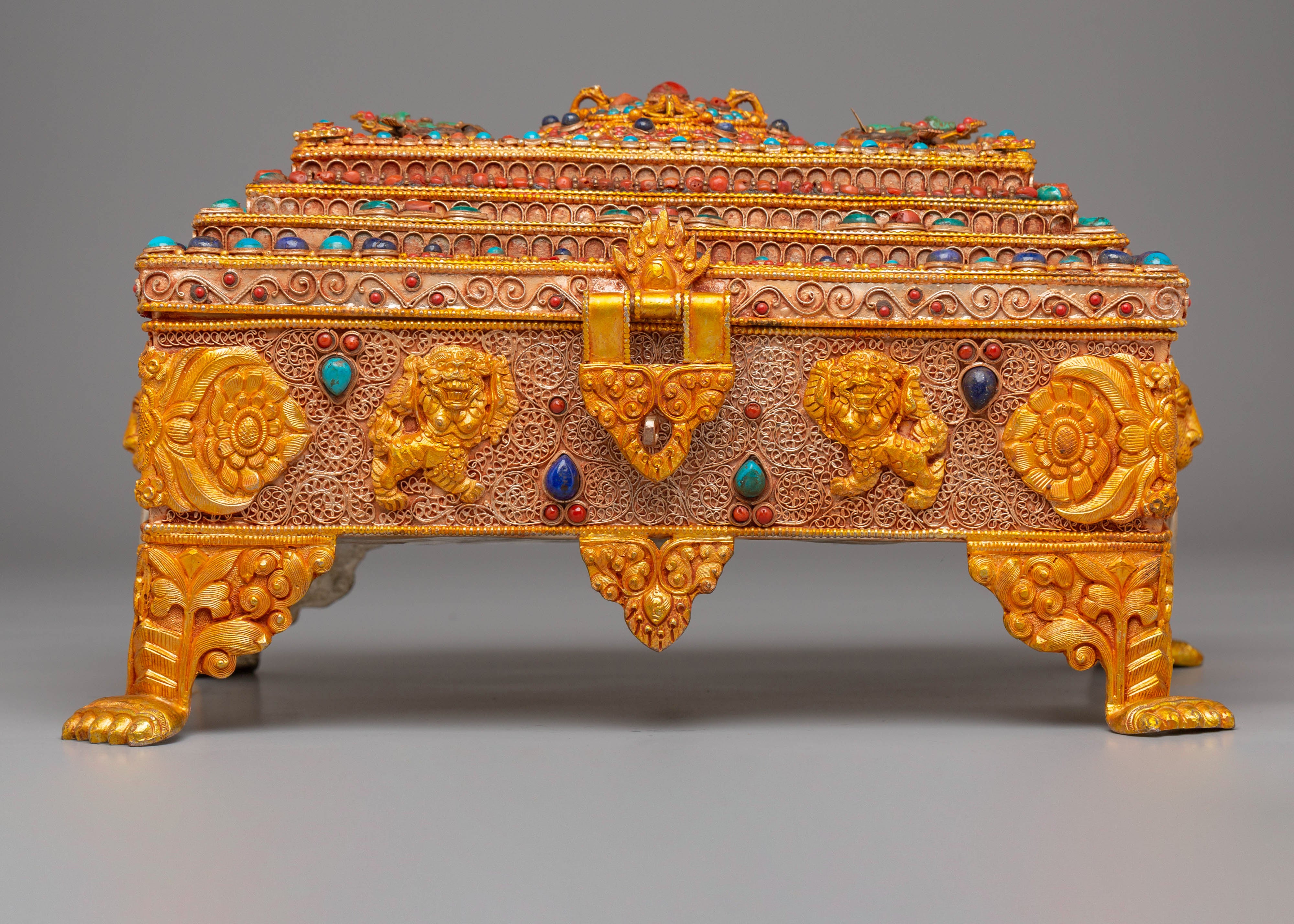 Electro Gold Plated Copper Treasure Box | Tibetan Altar Decor