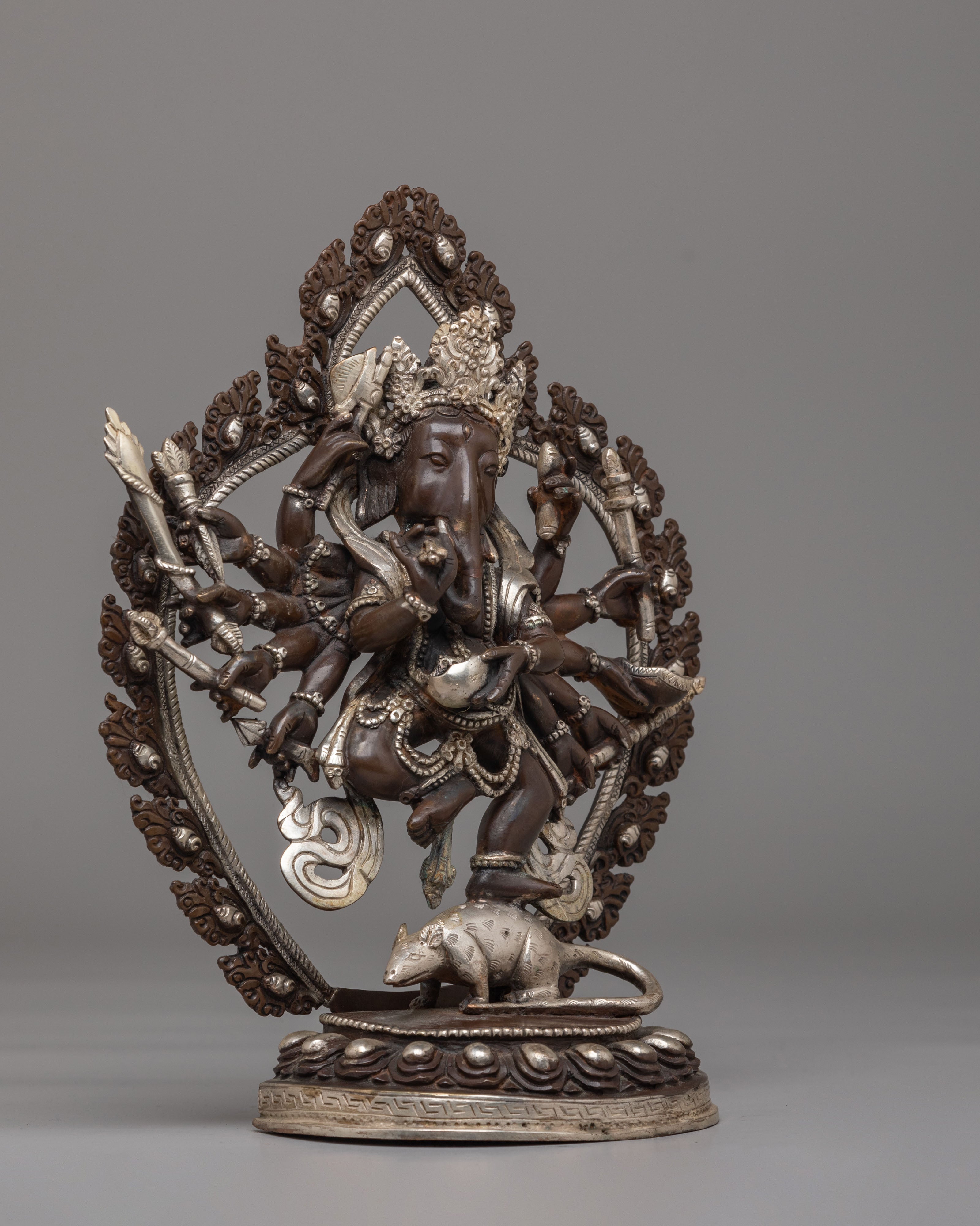 12-Armed Maha Rakta Ganesha Statue | Silver Plated Copper Deity