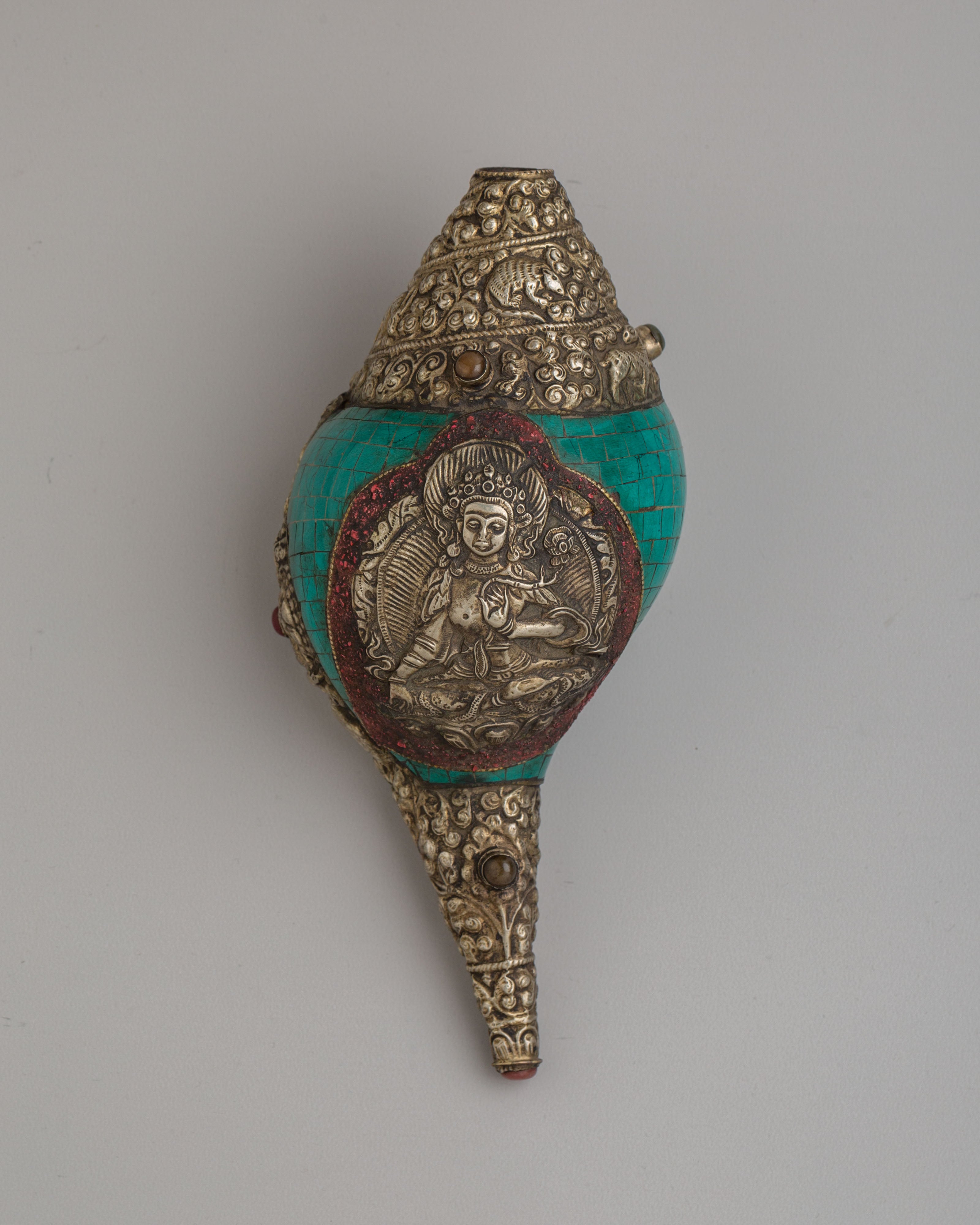 Handmade Tibetan Conch | Gemstone & Coral Inlay