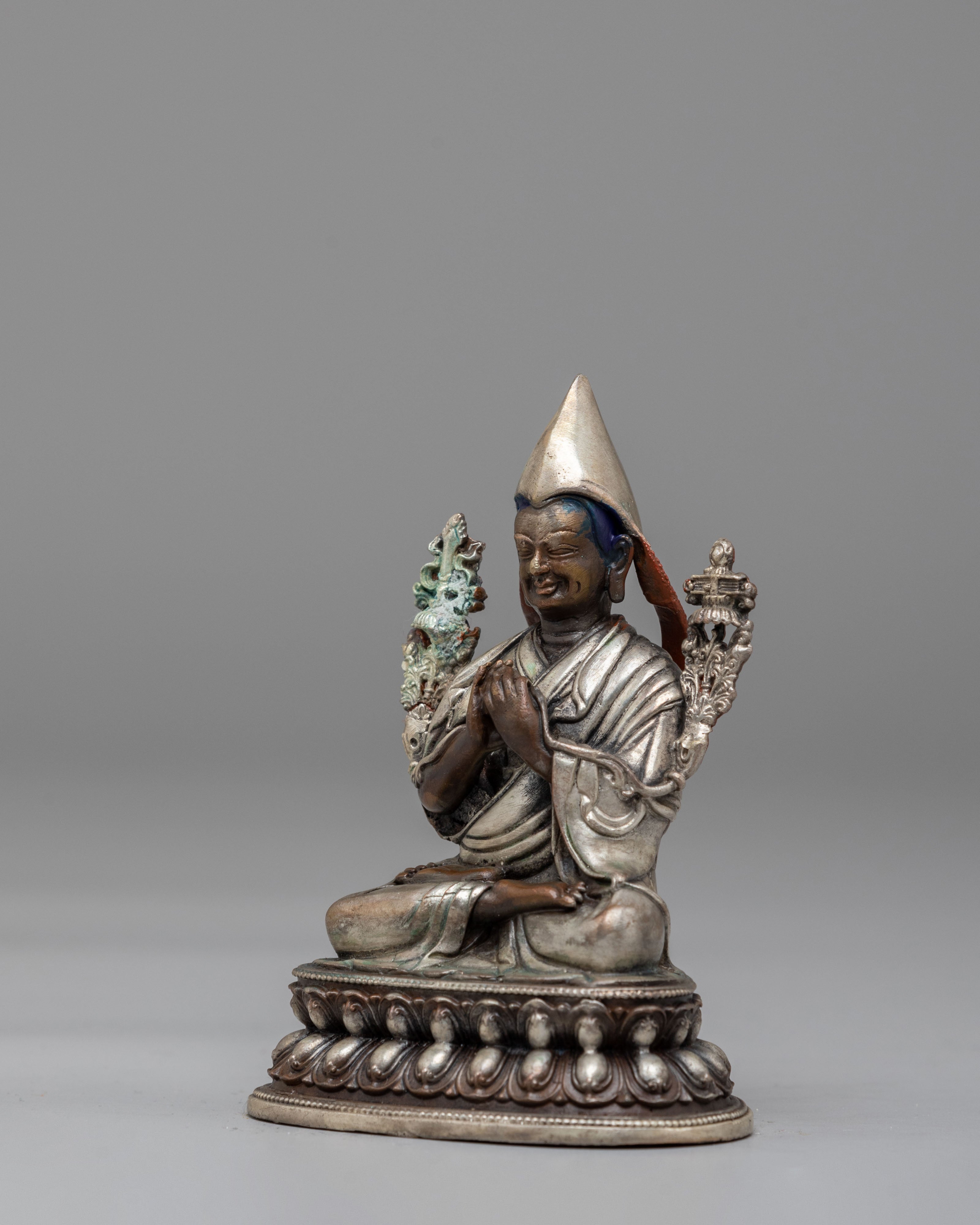Traditional Buddhist Tsongkhapa Statue | Oxidized Copper & Silver