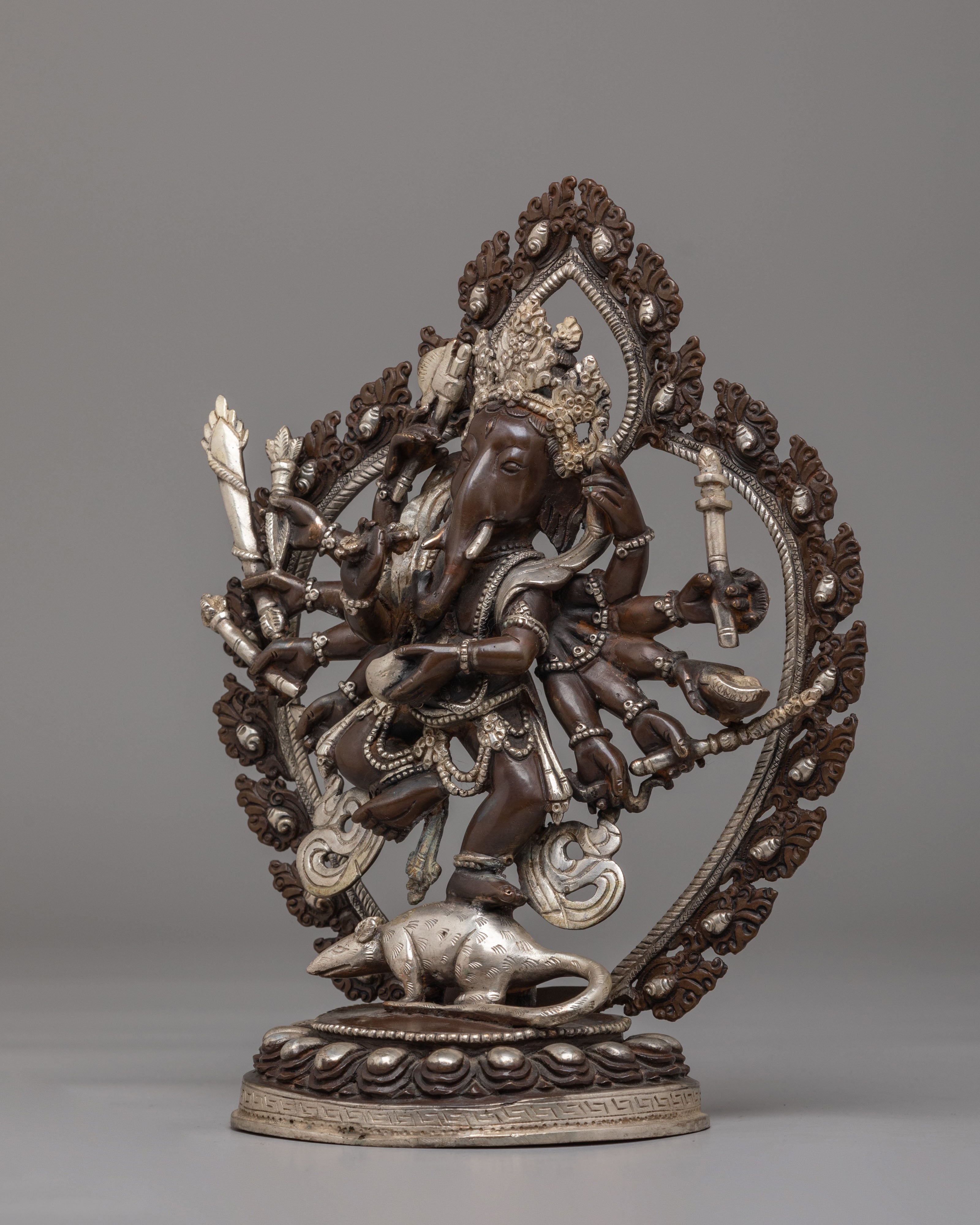 12-Armed Maha Rakta Ganesha Statue | Silver Plated Copper Deity