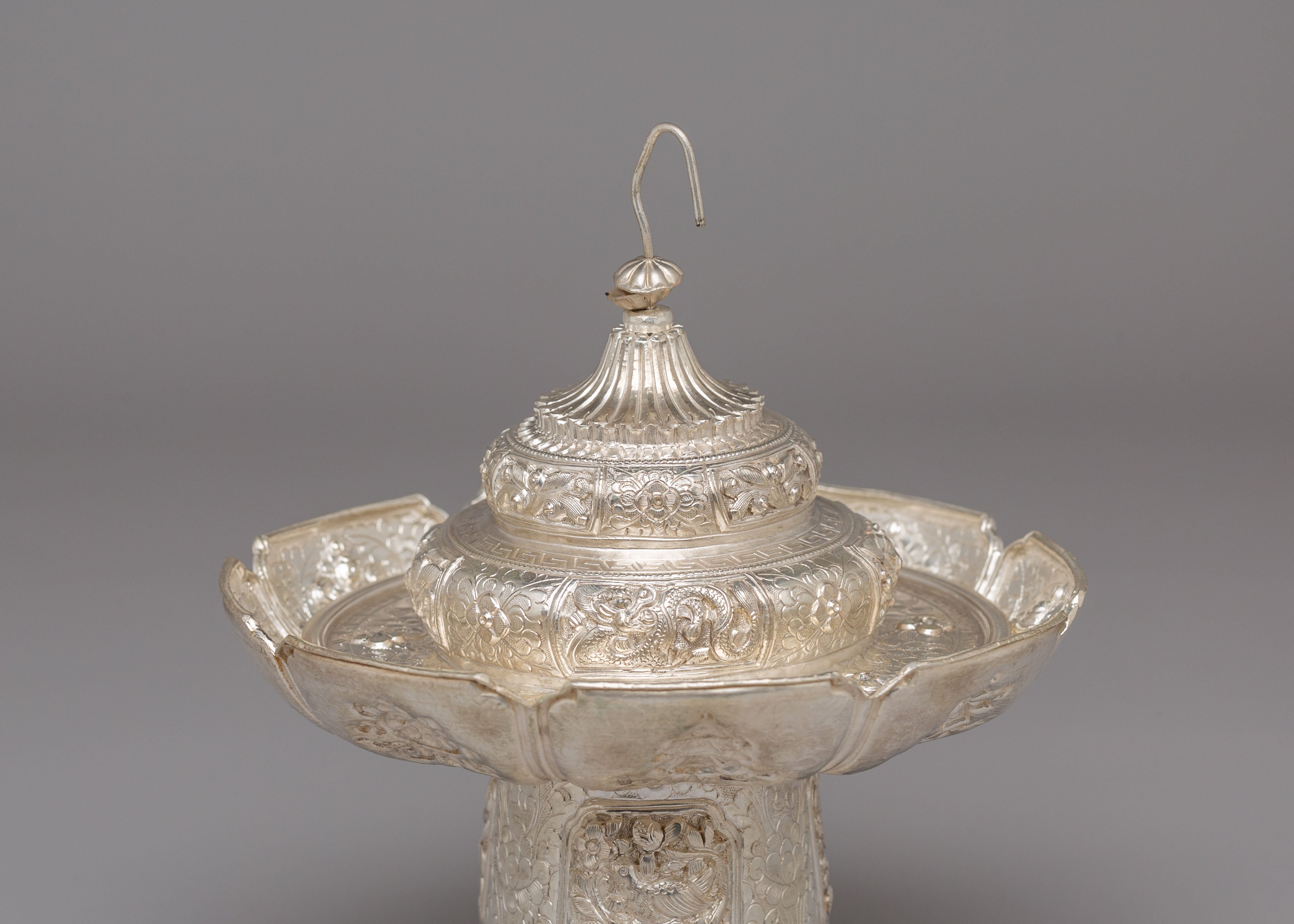 Traditional Tea Cup Cover Set | White Metal Tibetan Ritual Decor