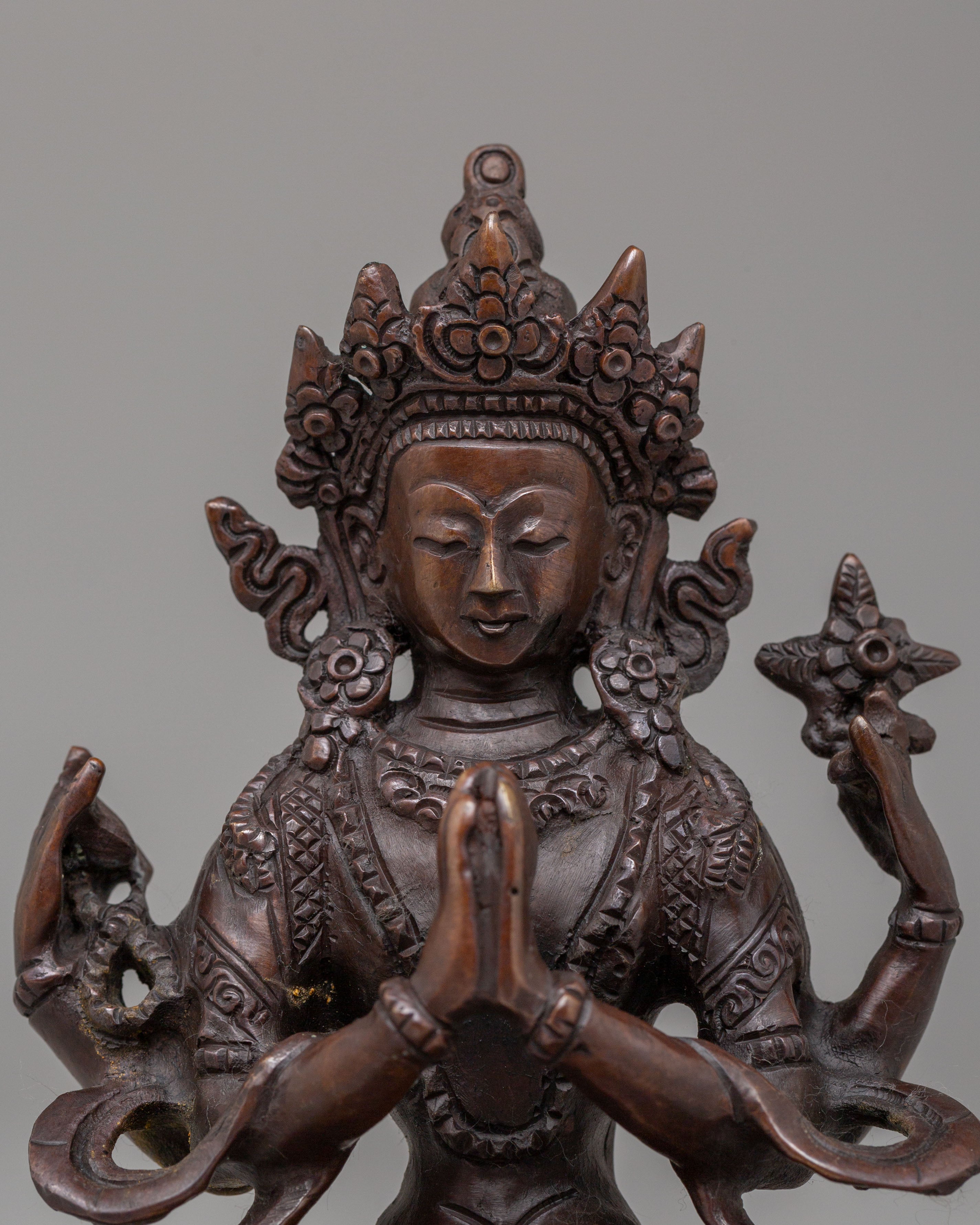 Handmade Chenrezig Altar Statue | Oxidized Copper Avalokiteshvara Sculpture