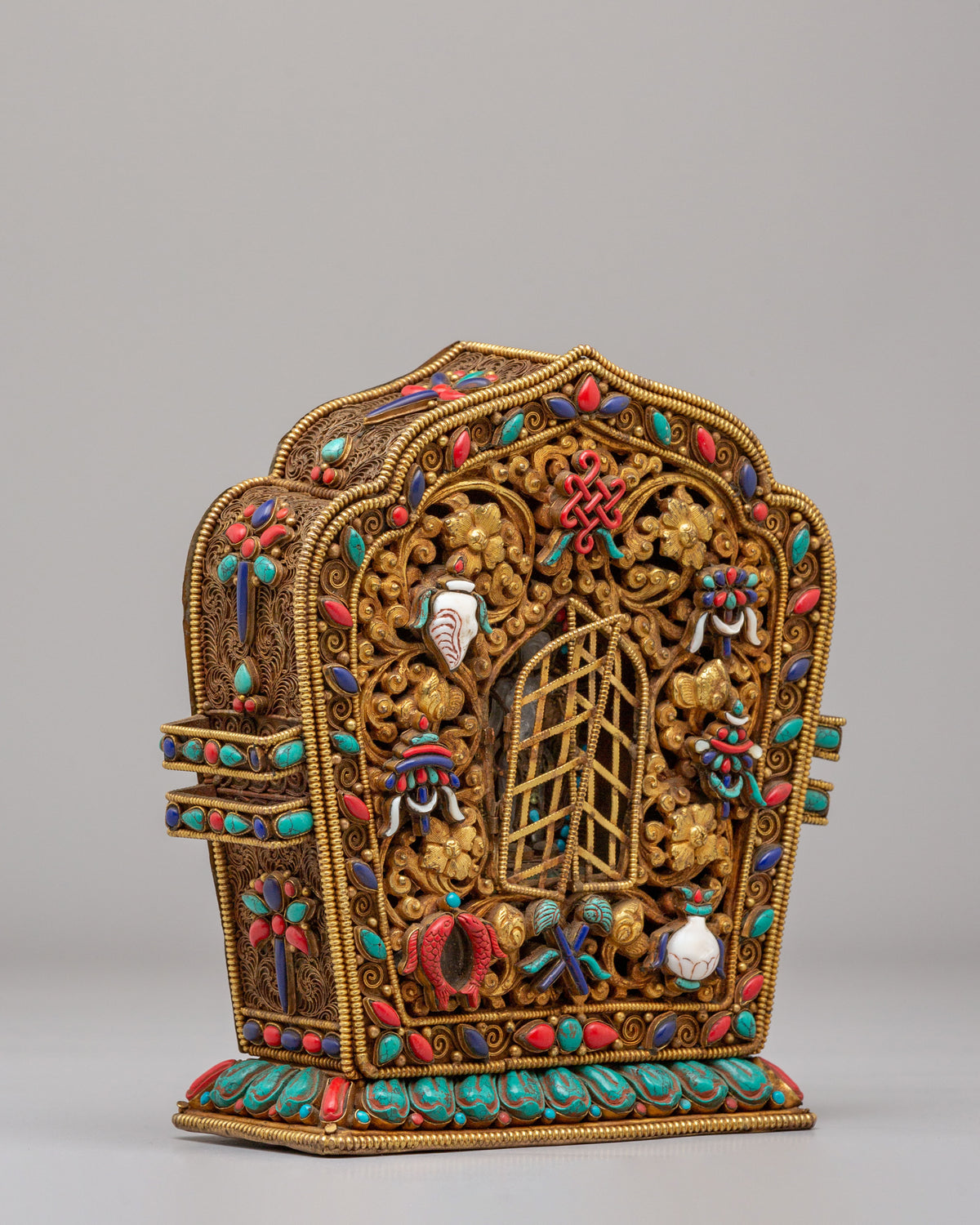 Handmade Buddhist Ritual Ghau Box | Gold Plated Copper Tibetan Shrine
