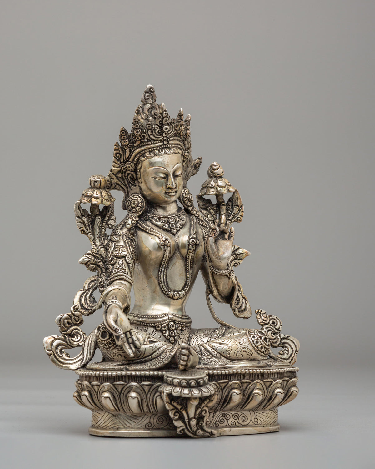 Green Tara Mother of Liberation Statue | Silver Plated Copper Buddhist Sculpture