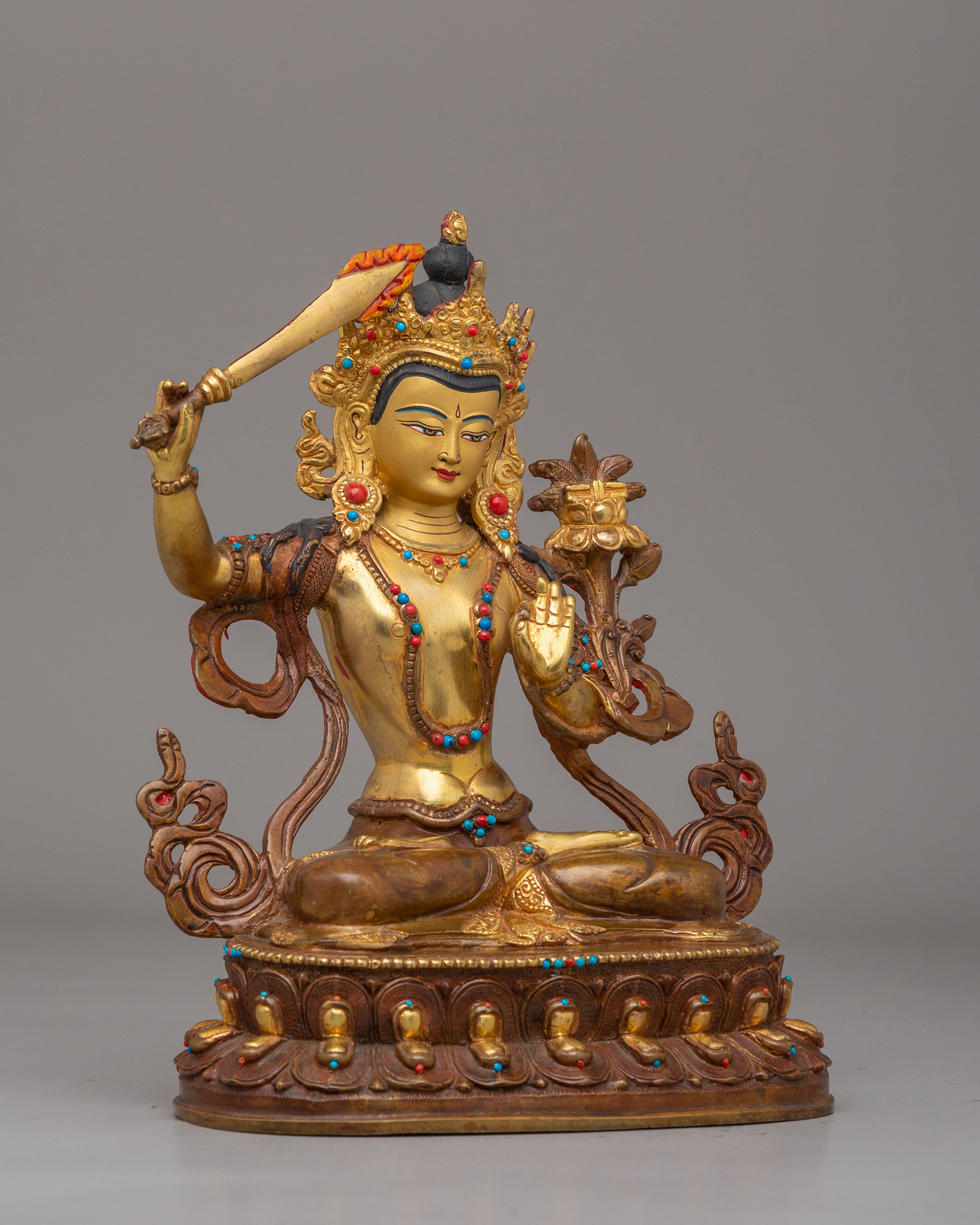 Manjushri Sacred Wisdom Deity Statue | Gold Plated Copper Figurine