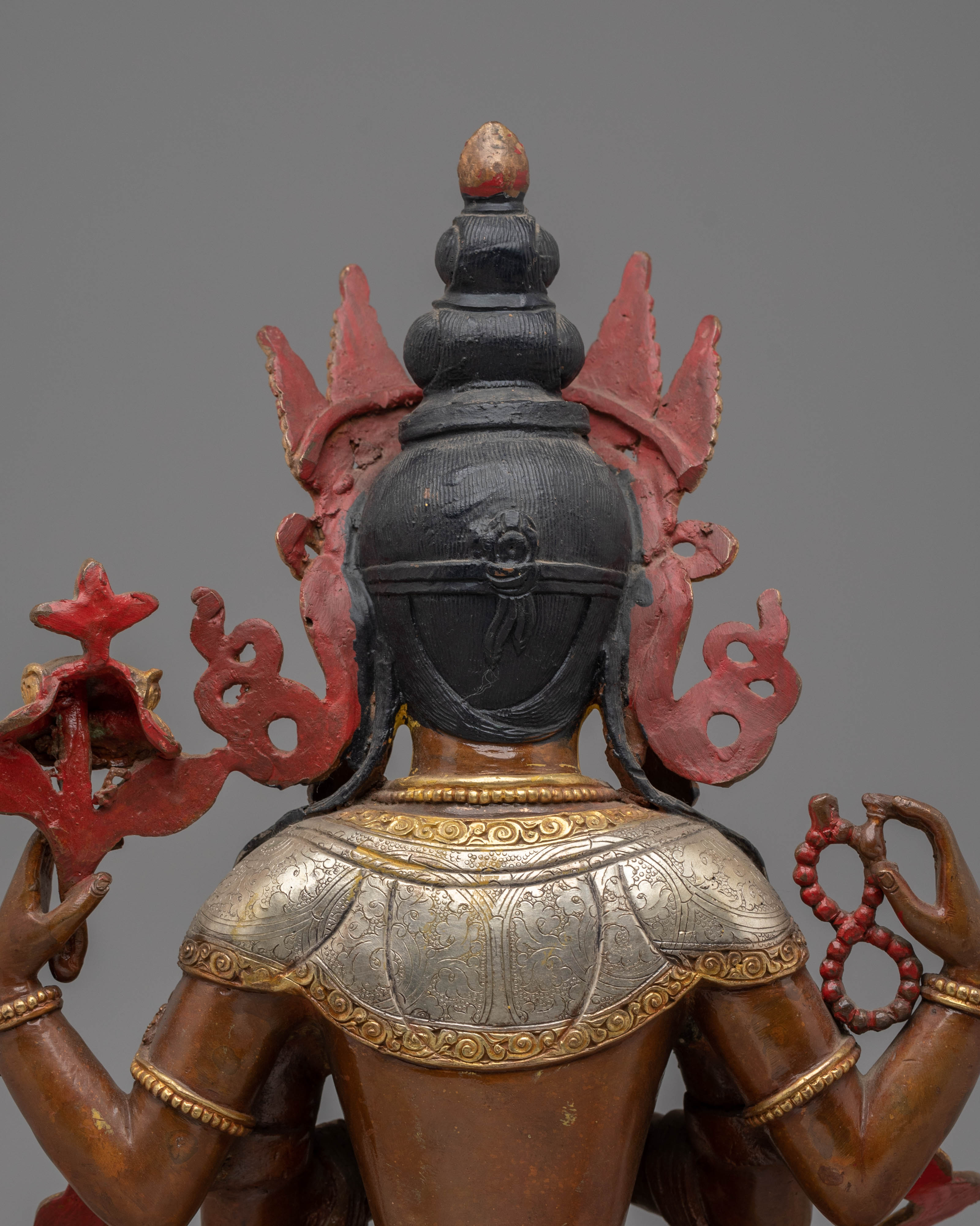 Handcrafted Copper Sculpture of Chenrezig with 24K Gold Gilding and Silver Plating