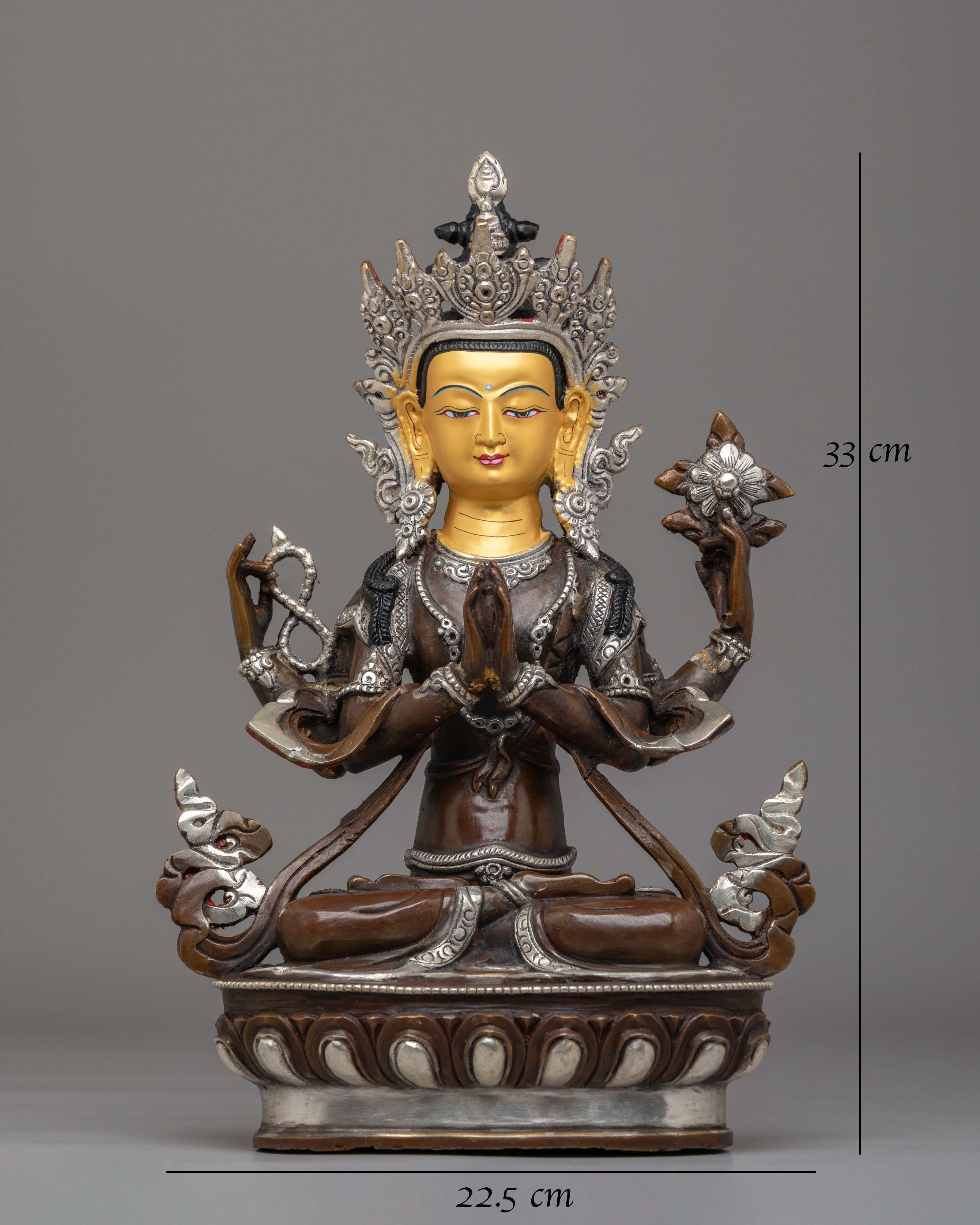 Tibetan Altar Avalokiteshvara Statue | Gold Plated Chenrezig Buddhist Sculpture