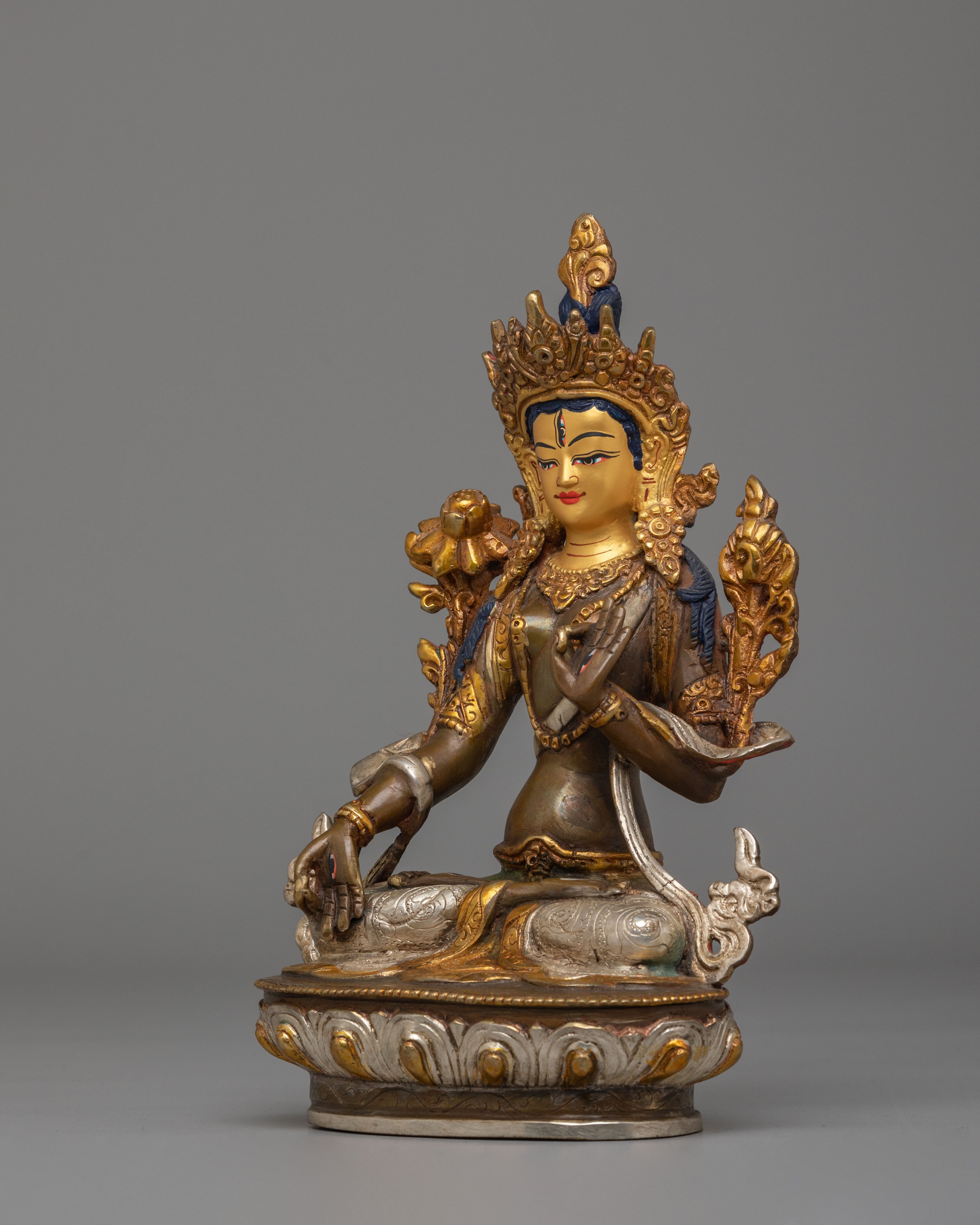 Himalayan White Tara Statue for Altar | Oxidized Copper Body