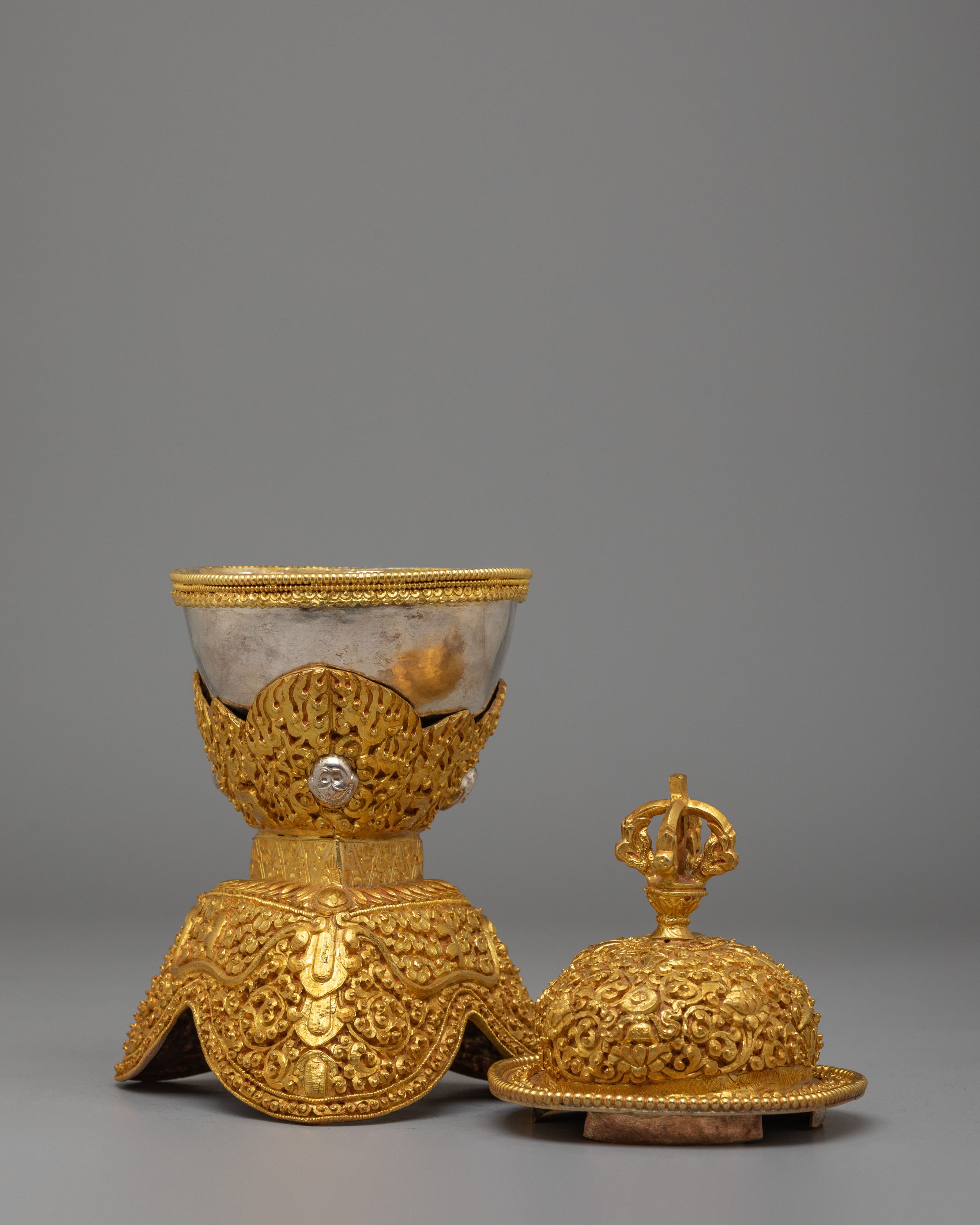 Tibetan Ritual Skull Cups for Altar | Gold and Silver Plated Kapala Set