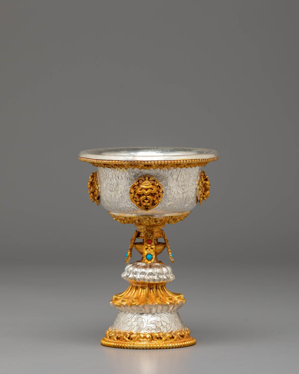 Buddhist Ritual Butter Lamp for Prayer | Gold Silver Plated Tibetan Altar Light