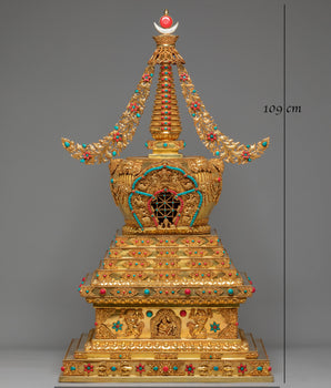 Gold Plated Tibetan Sacred Stupa | Exquisite Buddhist Stupa Sculpture