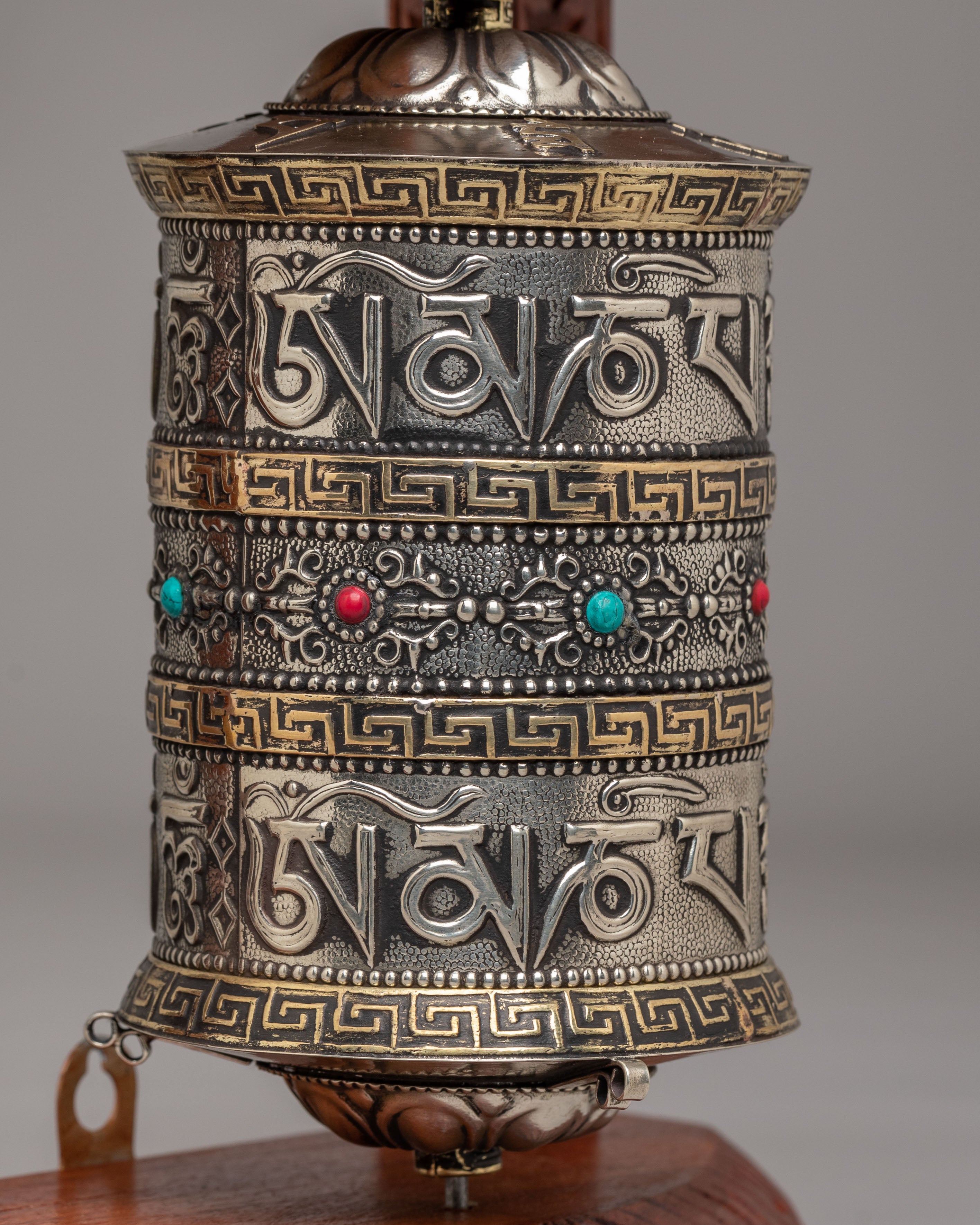 Decorative Prayer Wheel With Stand | Handcrafted Mantra Spinning Wheel