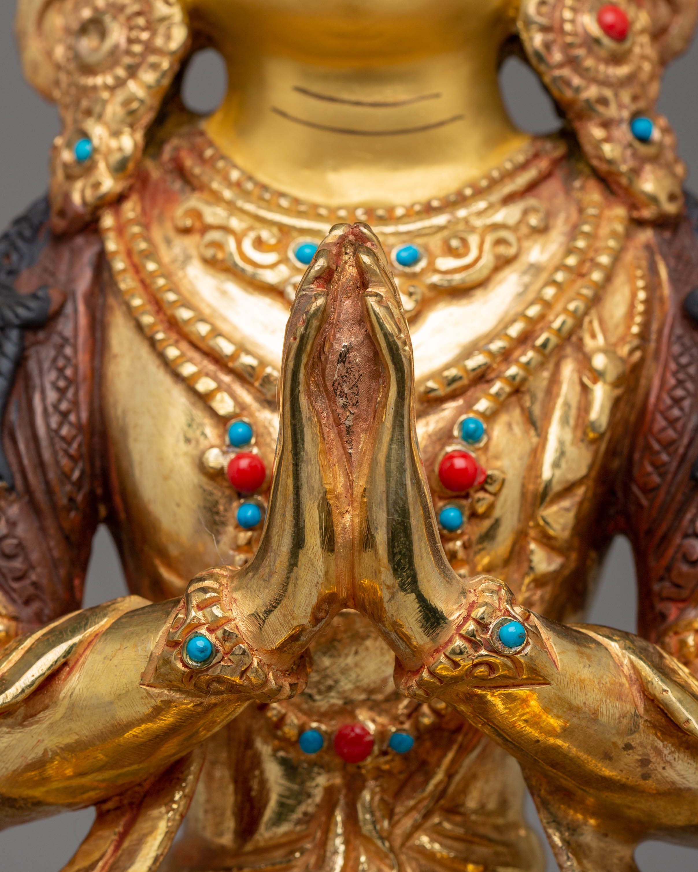 Sacred Bodhisattva Chenrezig Statue | Copper, Gold-Plated, Coral & Turquoise Inlays