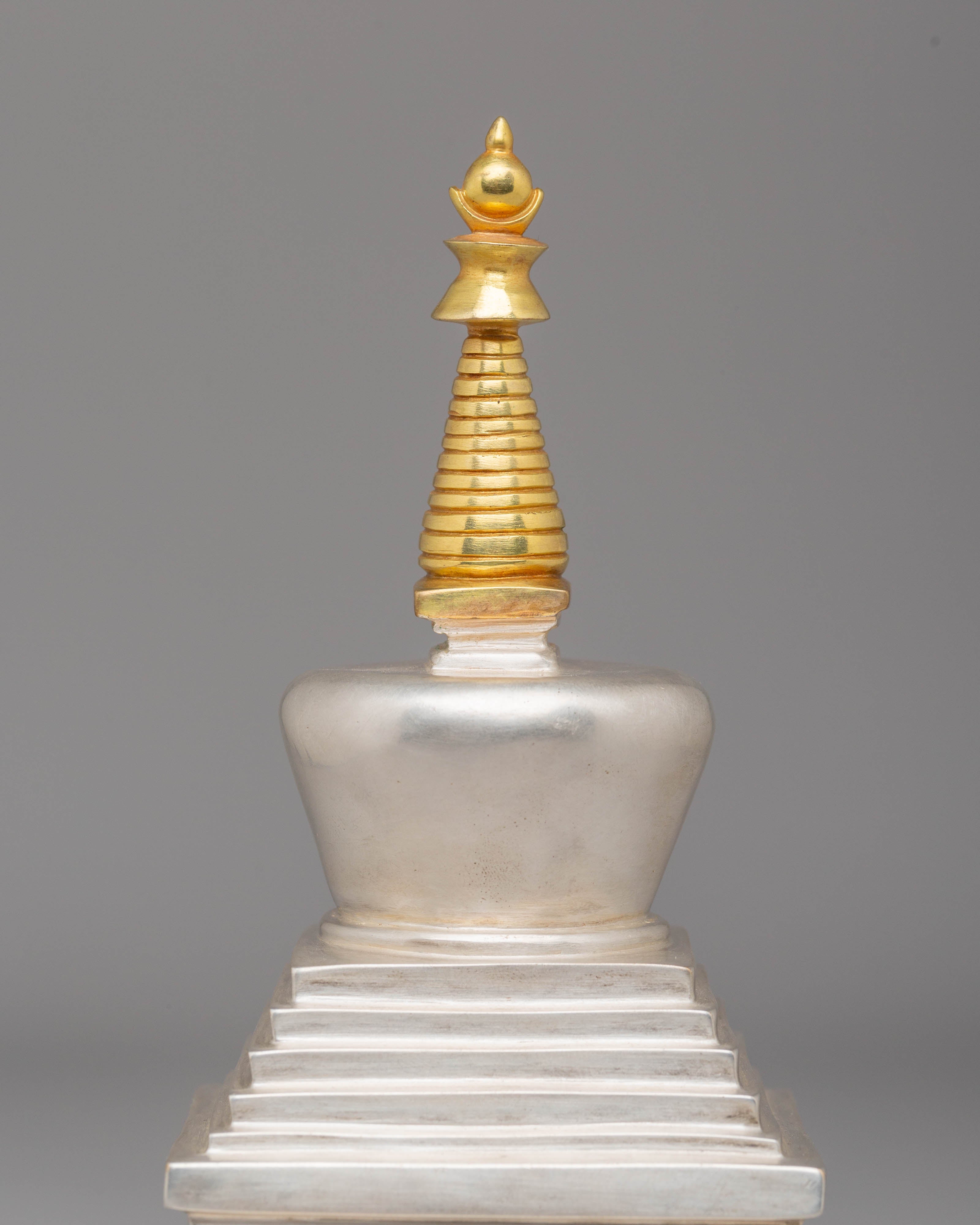 Handcrafted Spiritual Tibetan Stupa | Silver Plated Buddhist Sculpture