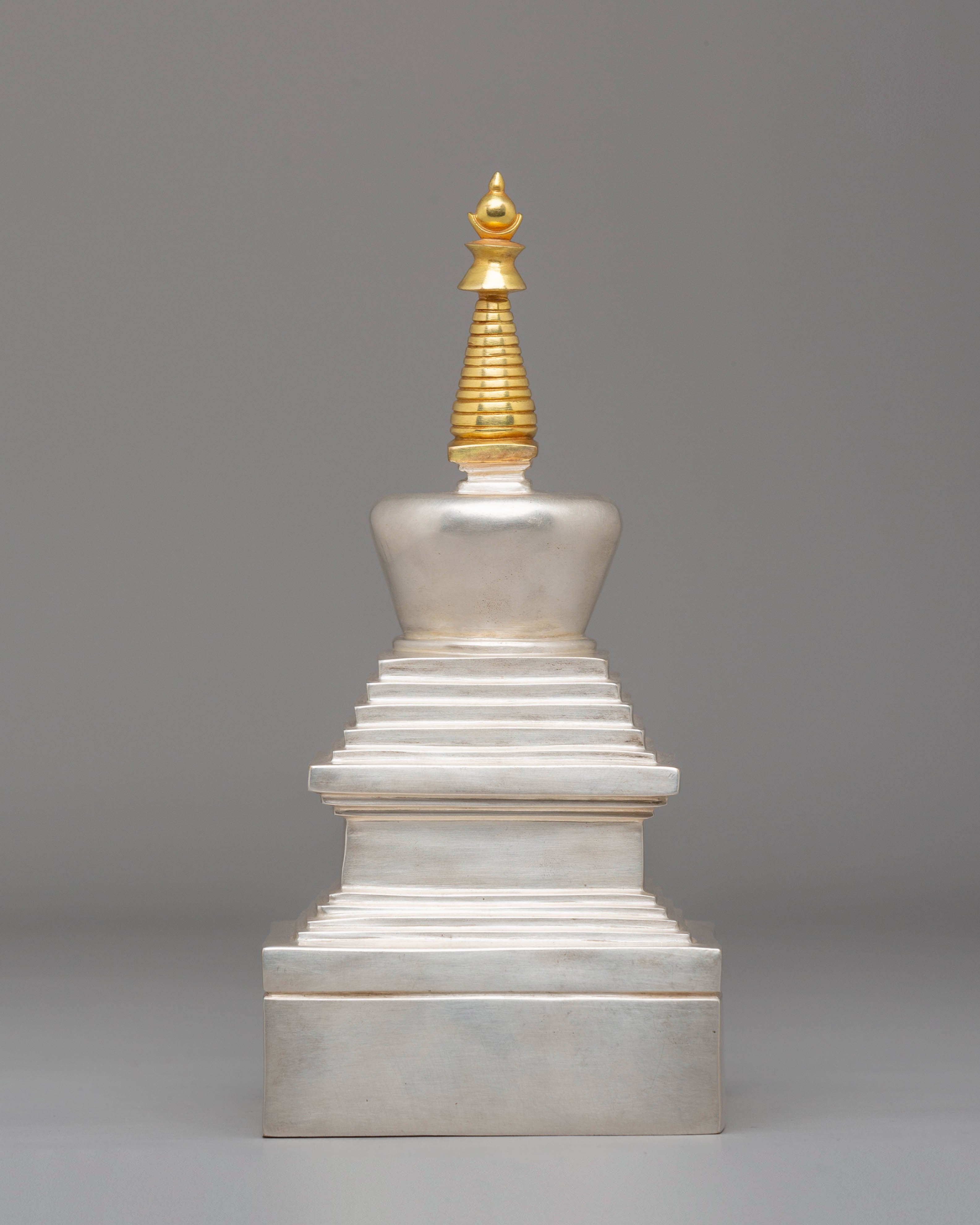 Handcrafted Spiritual Tibetan Stupa | Silver Plated Buddhist Sculpture
