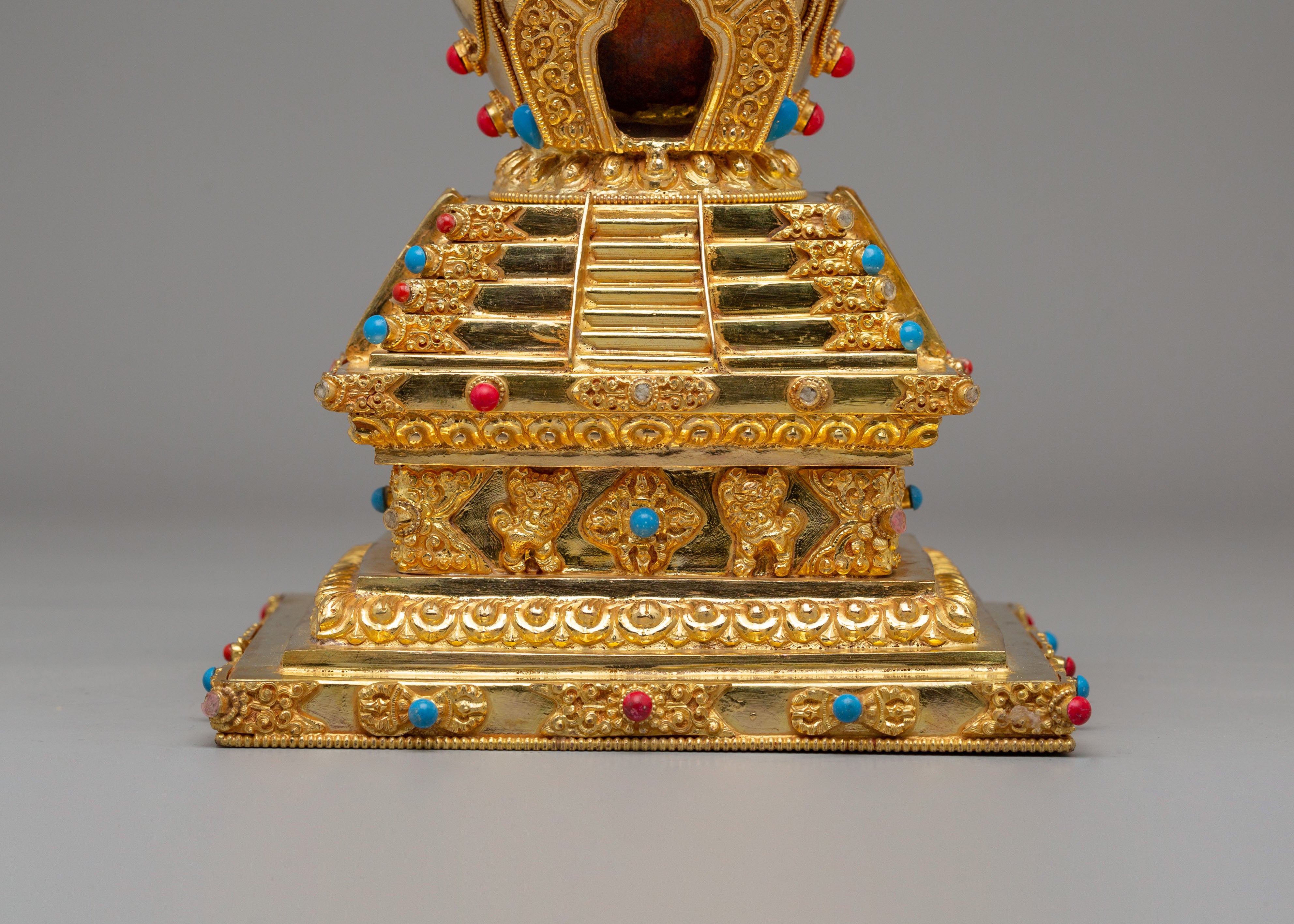 Traditional Descent From Heaven Stupa | 22K Gold Copper Tibetan Stupa