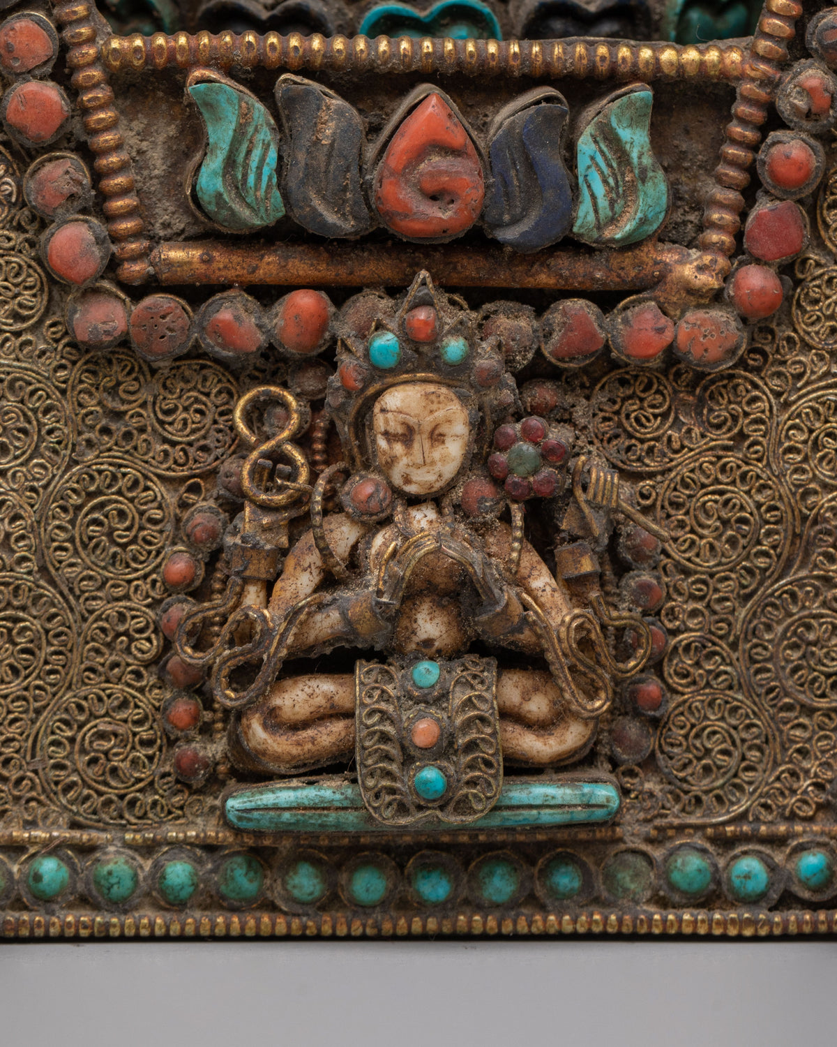 Handcrafted Ghau Box with Deity | Copper Ritual Box with Gemstones