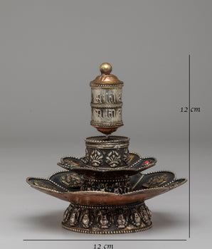 Tibetan Prayer Wheel on Floral Base | Spiritual Symbol of Compassion and Blessings