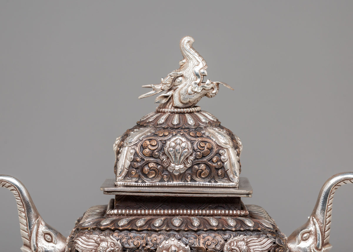 Decorative Buddhist Incense Burner | Silver Plated Copper Artwork