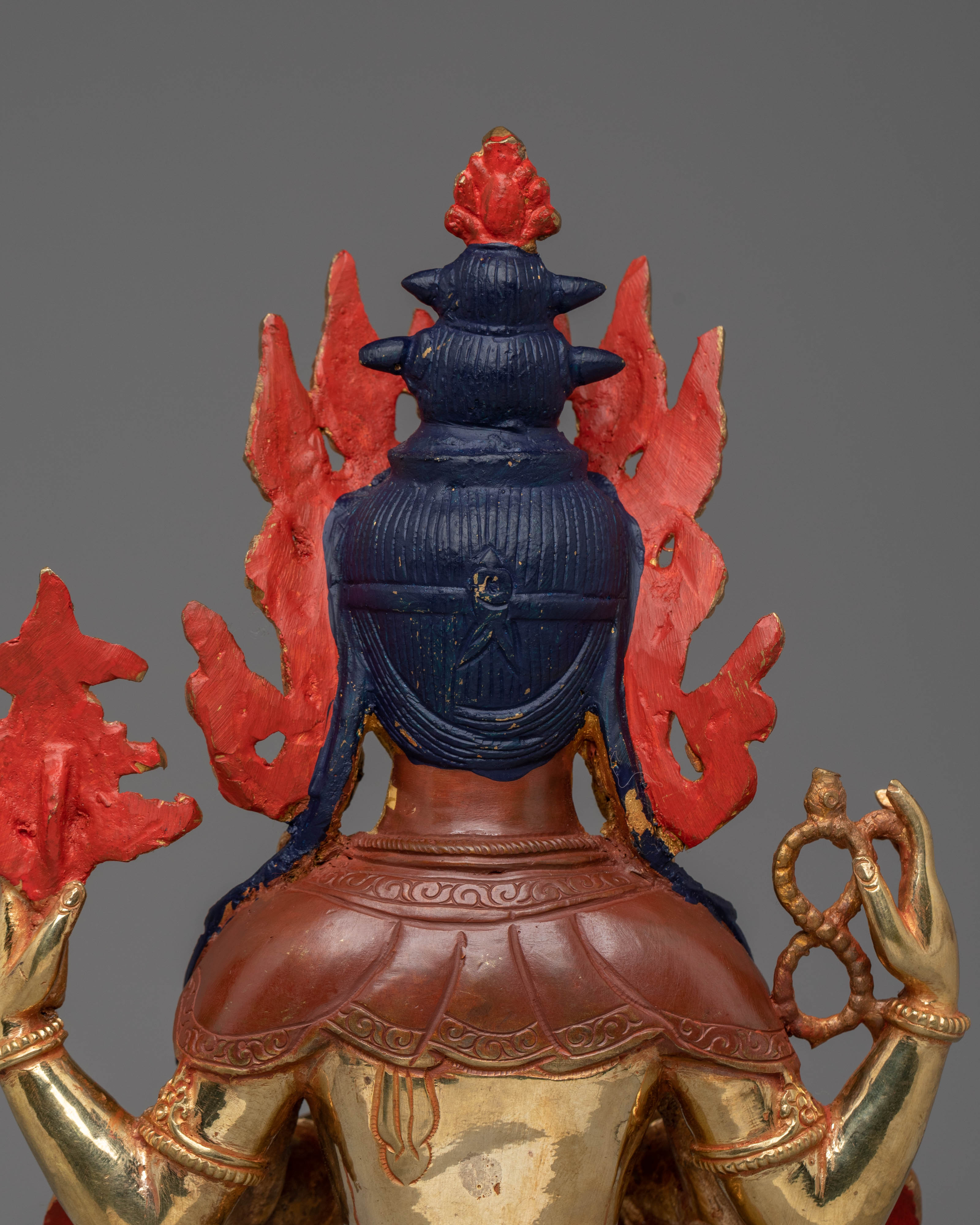 Handcrafted Tibetan Chenrezig Sculpture | Gold-Plated with Coral & Turquoise