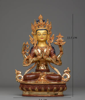 Handcrafted Tibetan Chenrezig Sculpture | Gold-Plated with Coral & Turquoise