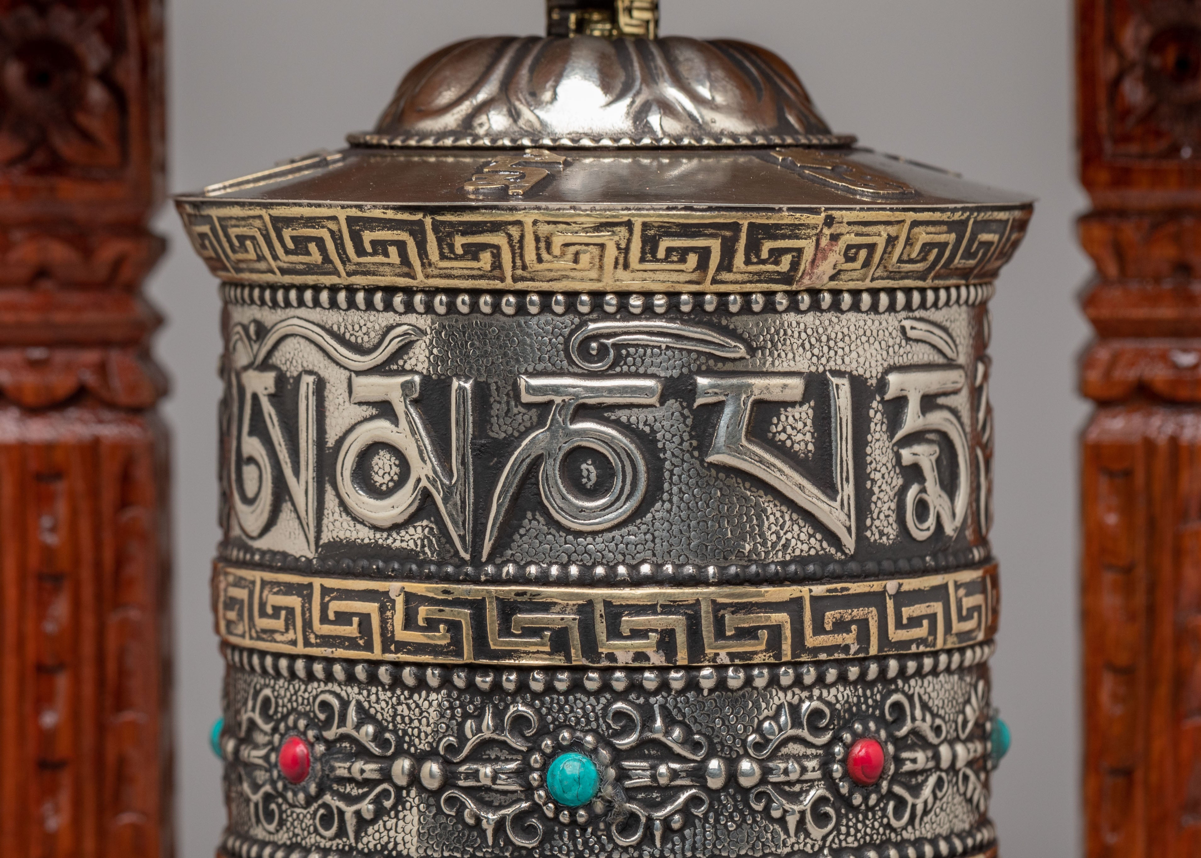 Decorative Prayer Wheel With Stand | Handcrafted Mantra Spinning Wheel