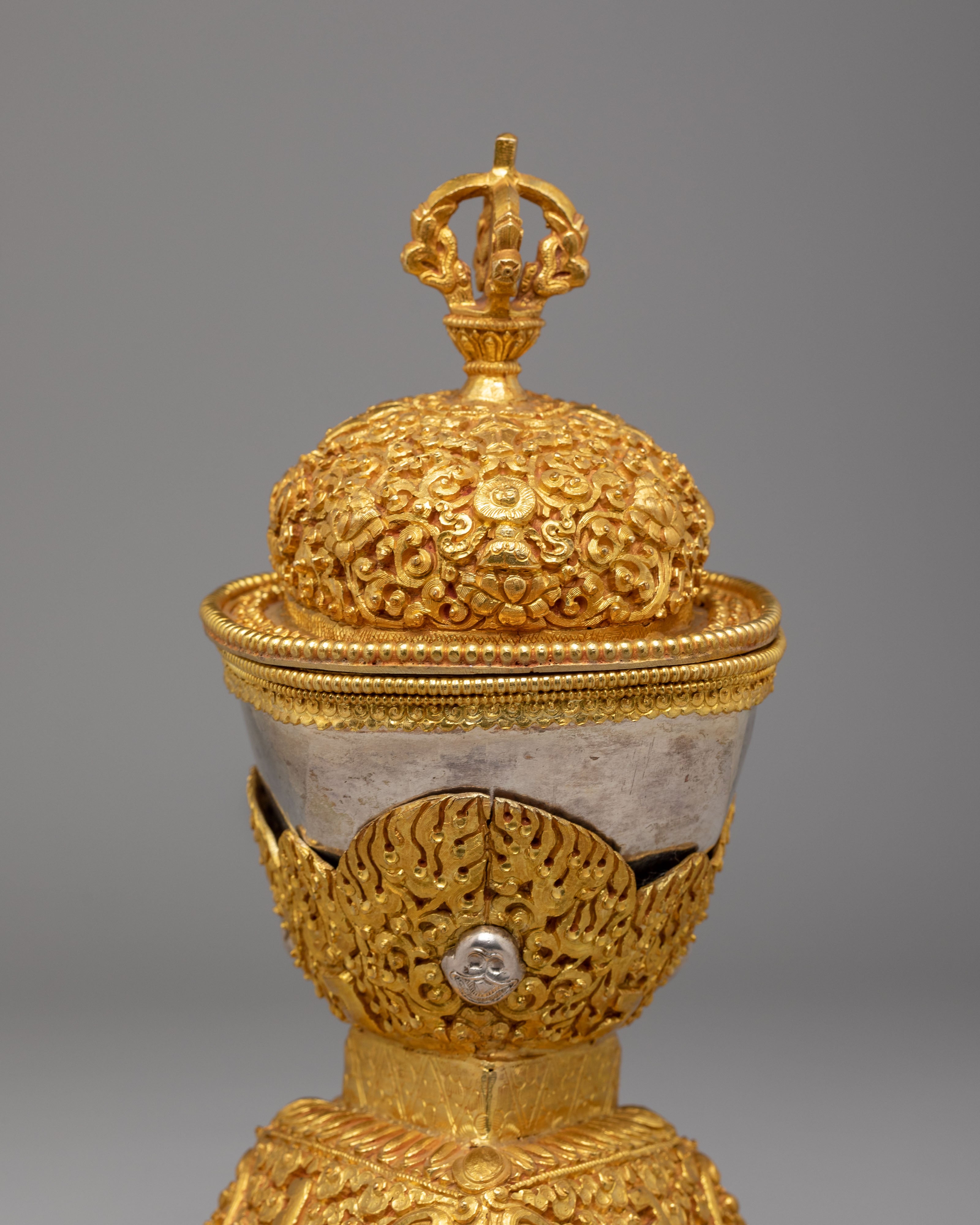 Tibetan Ritual Skull Cups for Altar | Gold and Silver Plated Kapala Set