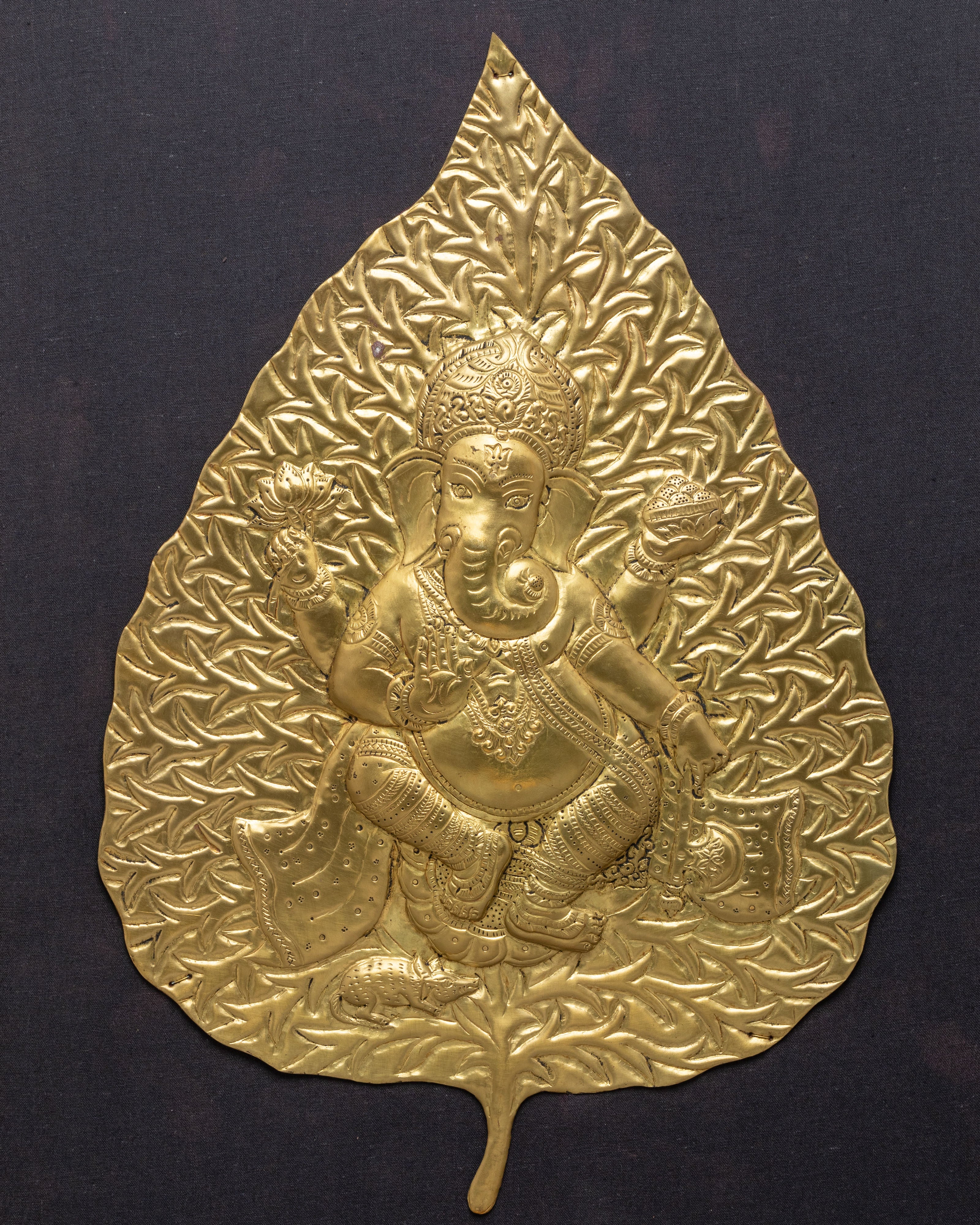 Sacred Ganesh Hindu Deity Wall Art | Brass Ganesha Leaf Art