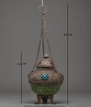 Decorative Tibetan Incense Burner | Silver and Jade Inense Burner