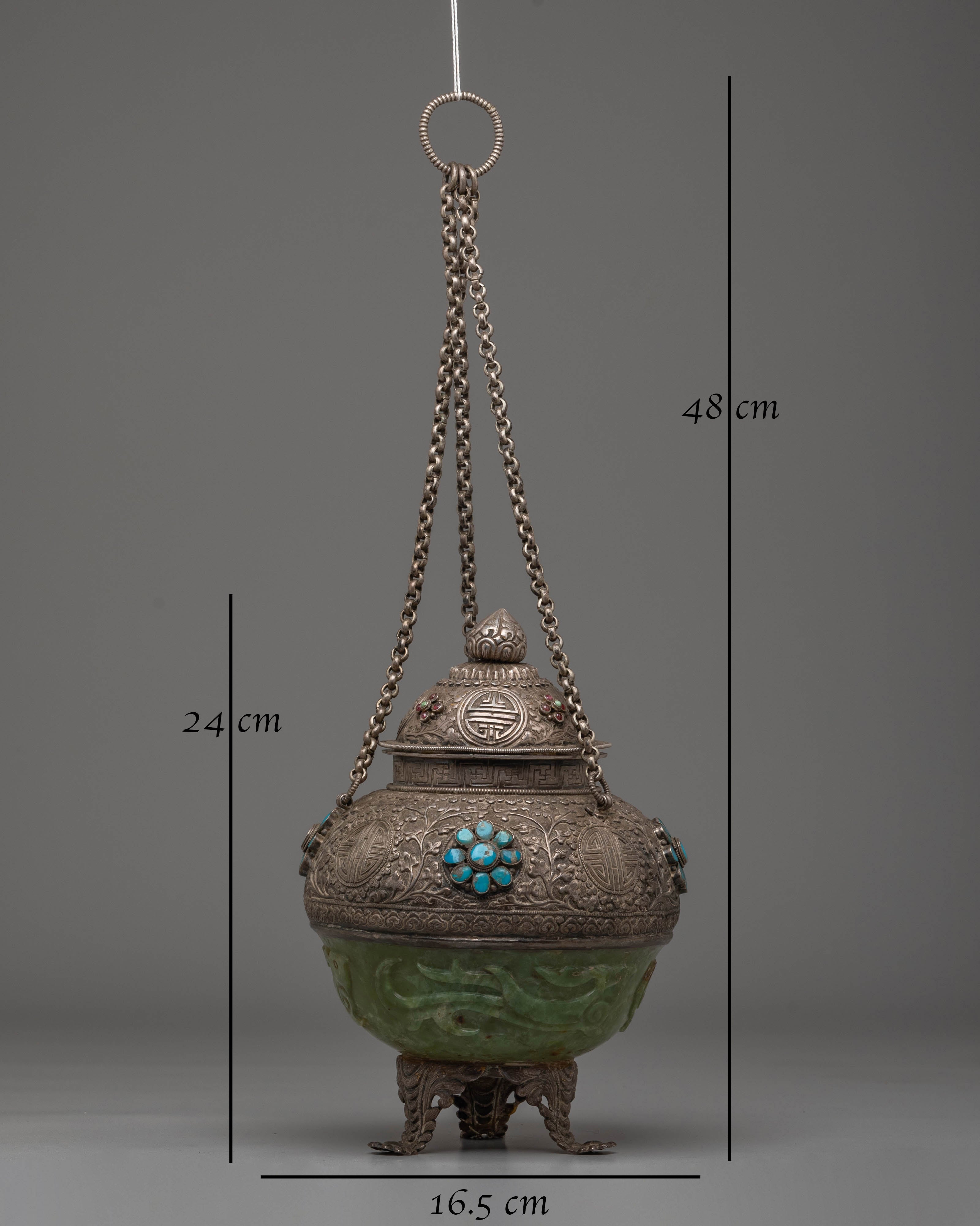 Decorative Tibetan Incense Burner | Silver and Jade Inense Burner