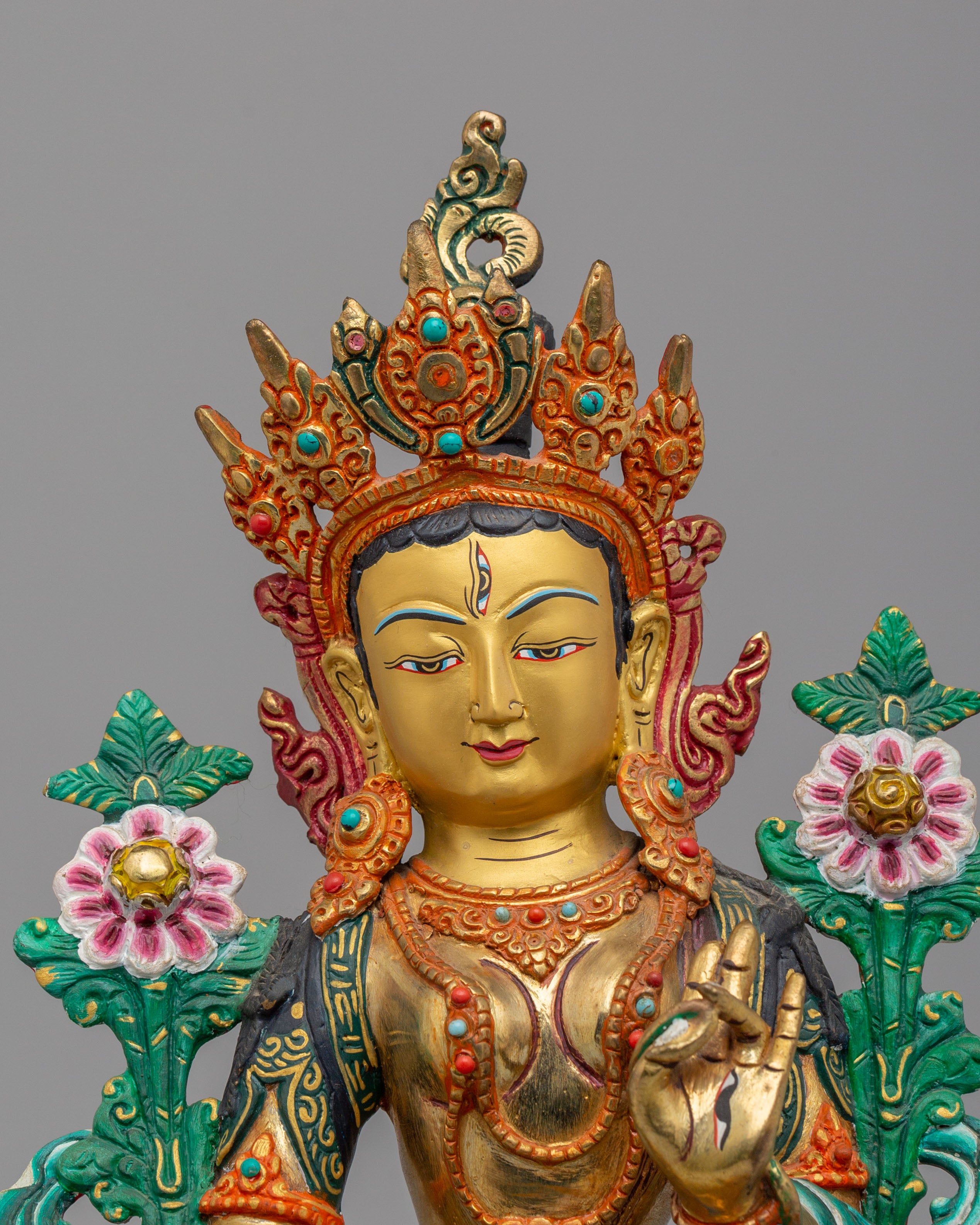 Handmade White Tara Statue for Healing | 24K Gold Plated Copper Tara