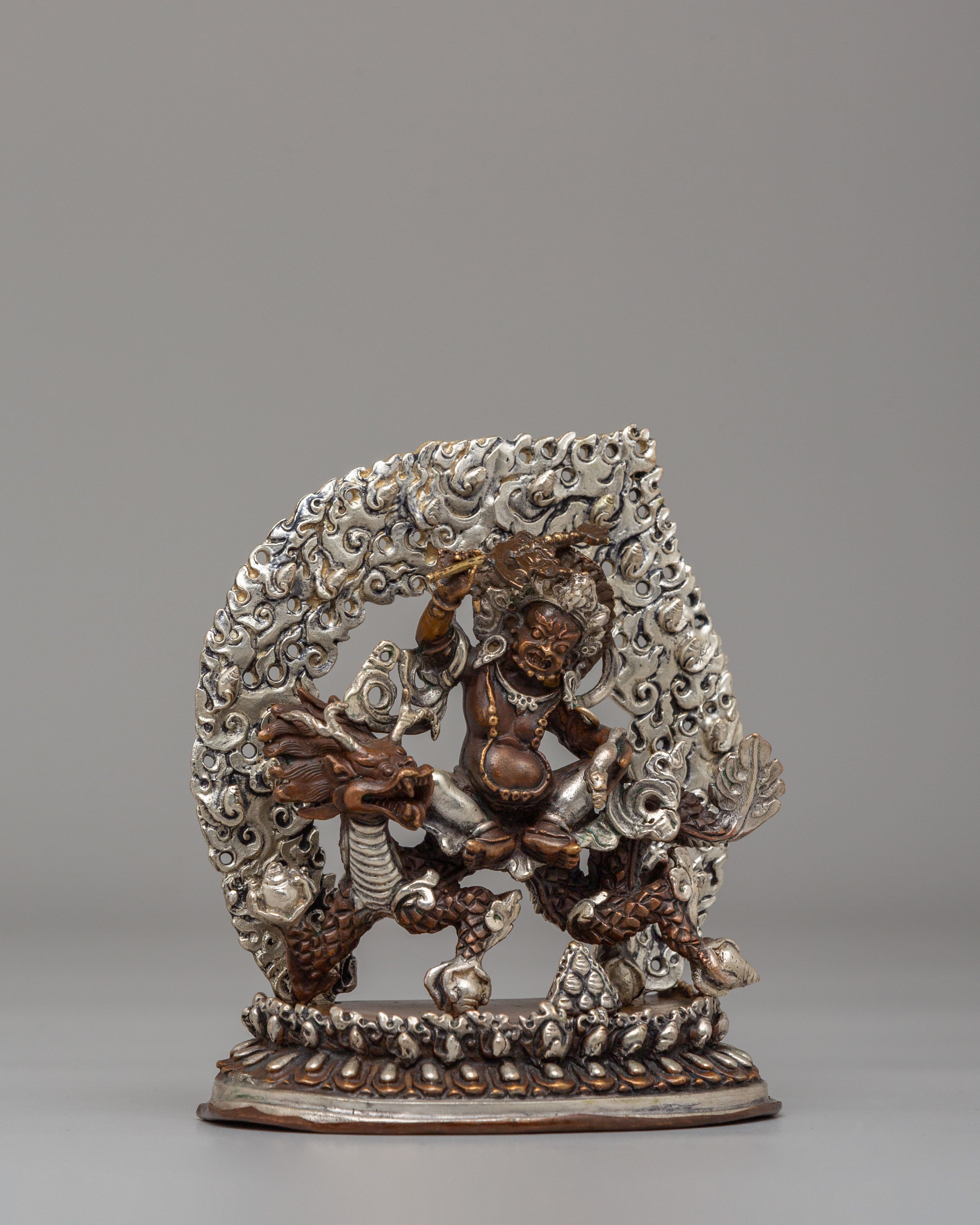 White Dzambhala Wealth Deity Statue | Silver Plated Oxidized Copper Body