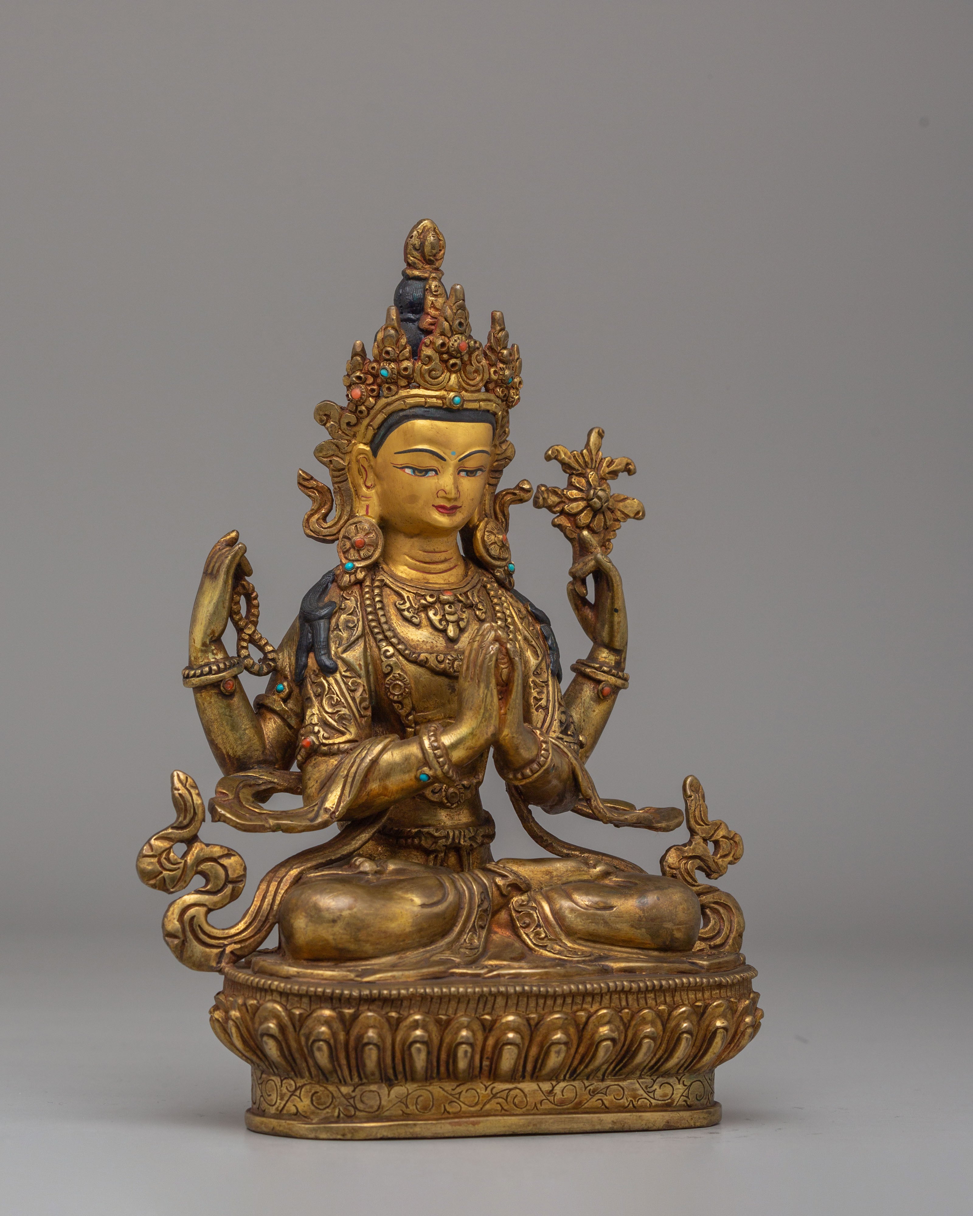 Bodhisattva Chenrezig Deity Statue | 24K Gold Plated Buddhist Sculpture