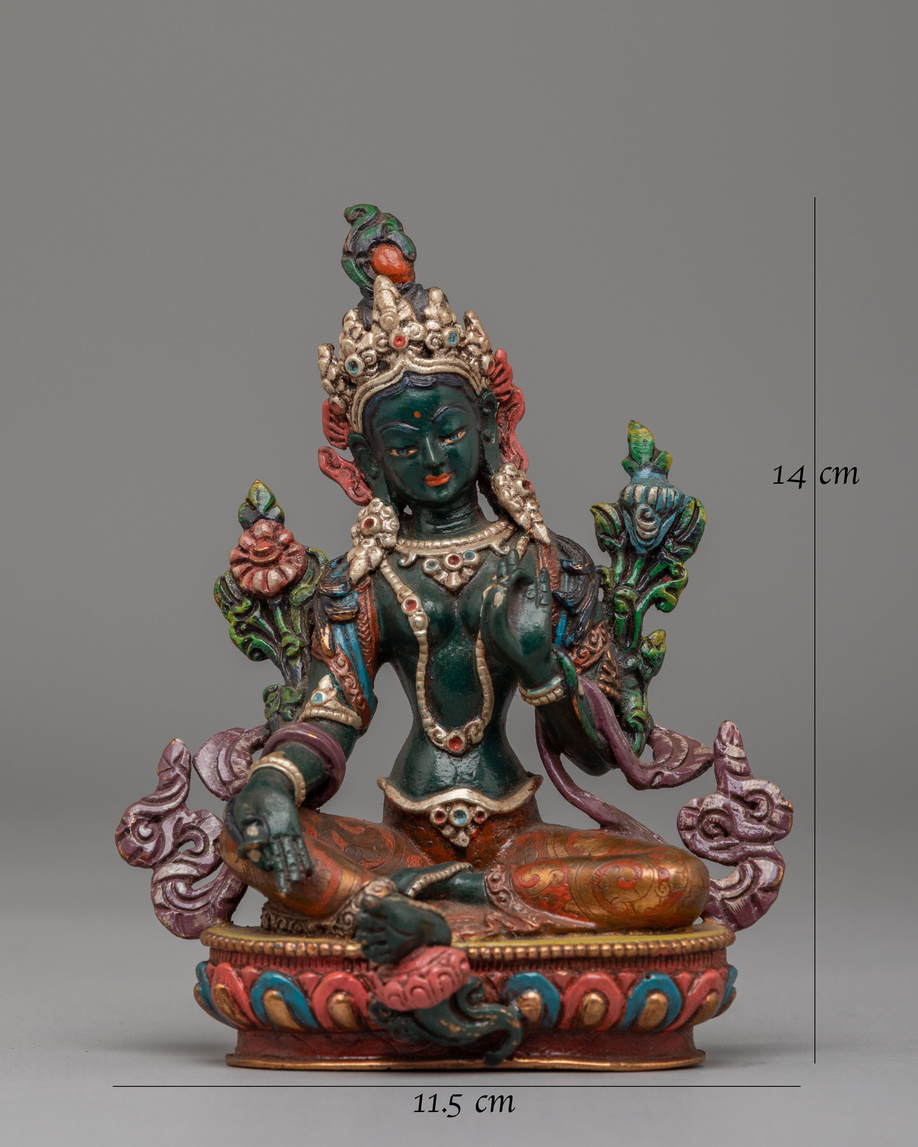 Himalayan Altar Green Tara Deity Statue | Copper Body with Silver Plating