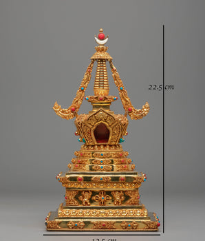 Vajrayana Ceremonial Stupa | Handcrafted Gold-Plated Copper Art