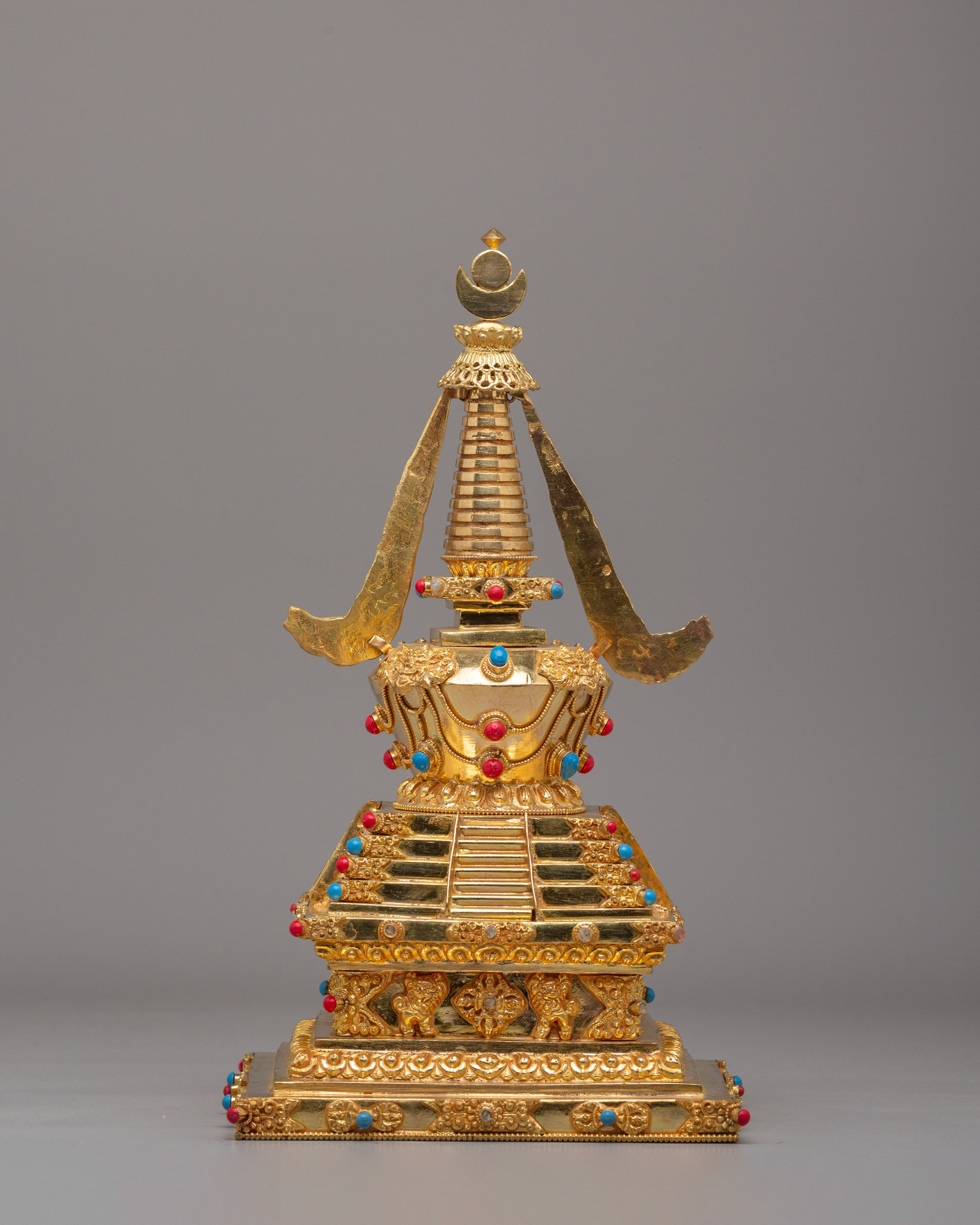 Traditional Descent From Heaven Stupa | 22K Gold Copper Tibetan Stupa