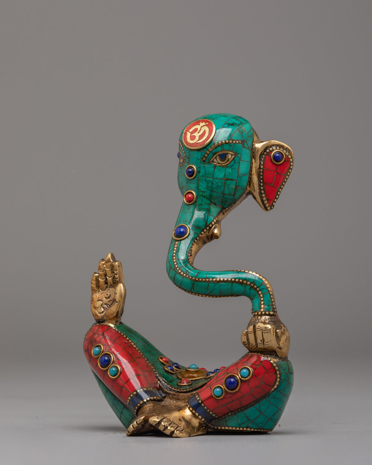 Spiritual Hindu Deity Ganesh Sculpture | Gemstone Embellished Brass Statue