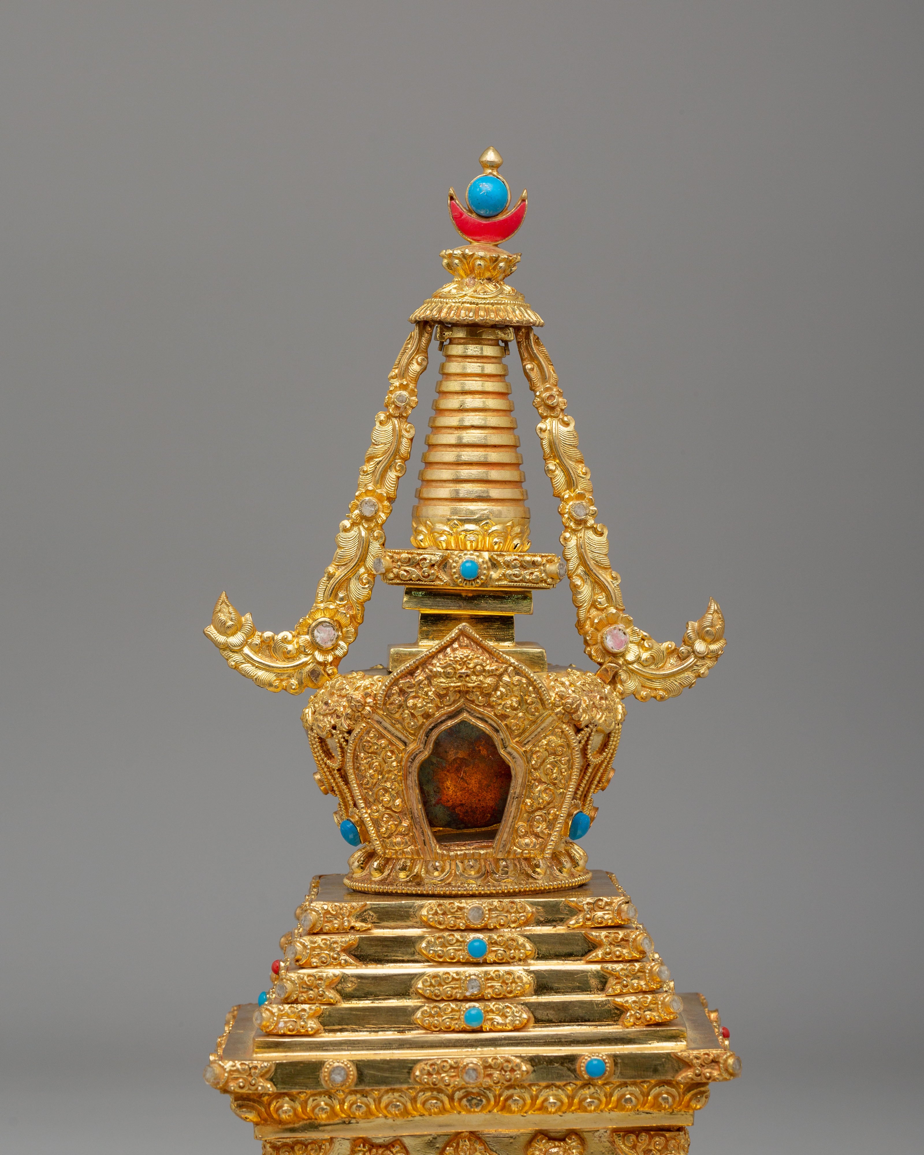 Gold Plated Altar Enlightenment Stupa | Handcrafted Tibetan Buddhist Shrine