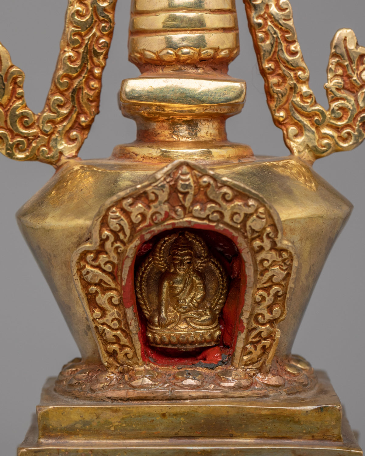 Sacred Altar Enlightenment Chorten | Gold Plated Copper Altar Sculpture