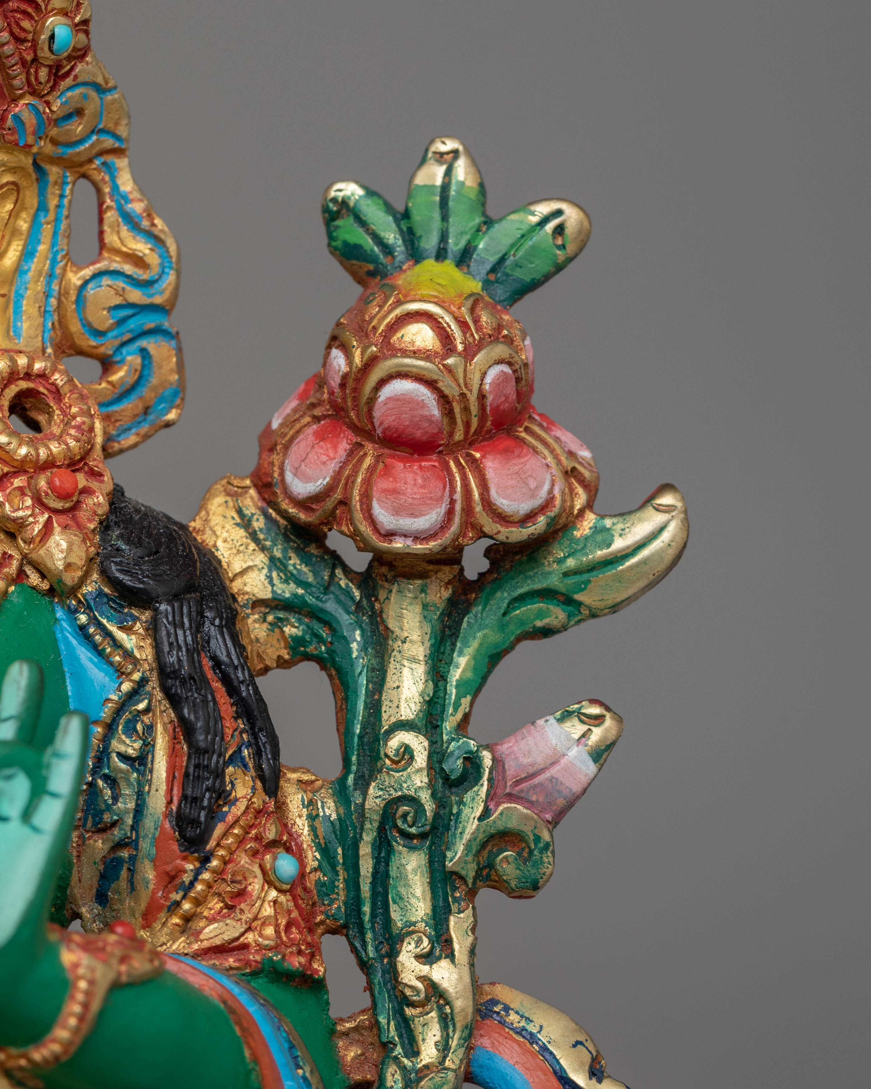 Shyama Tara Statue for Protection | Copper, Gold-Plated with Coral & Turquoise