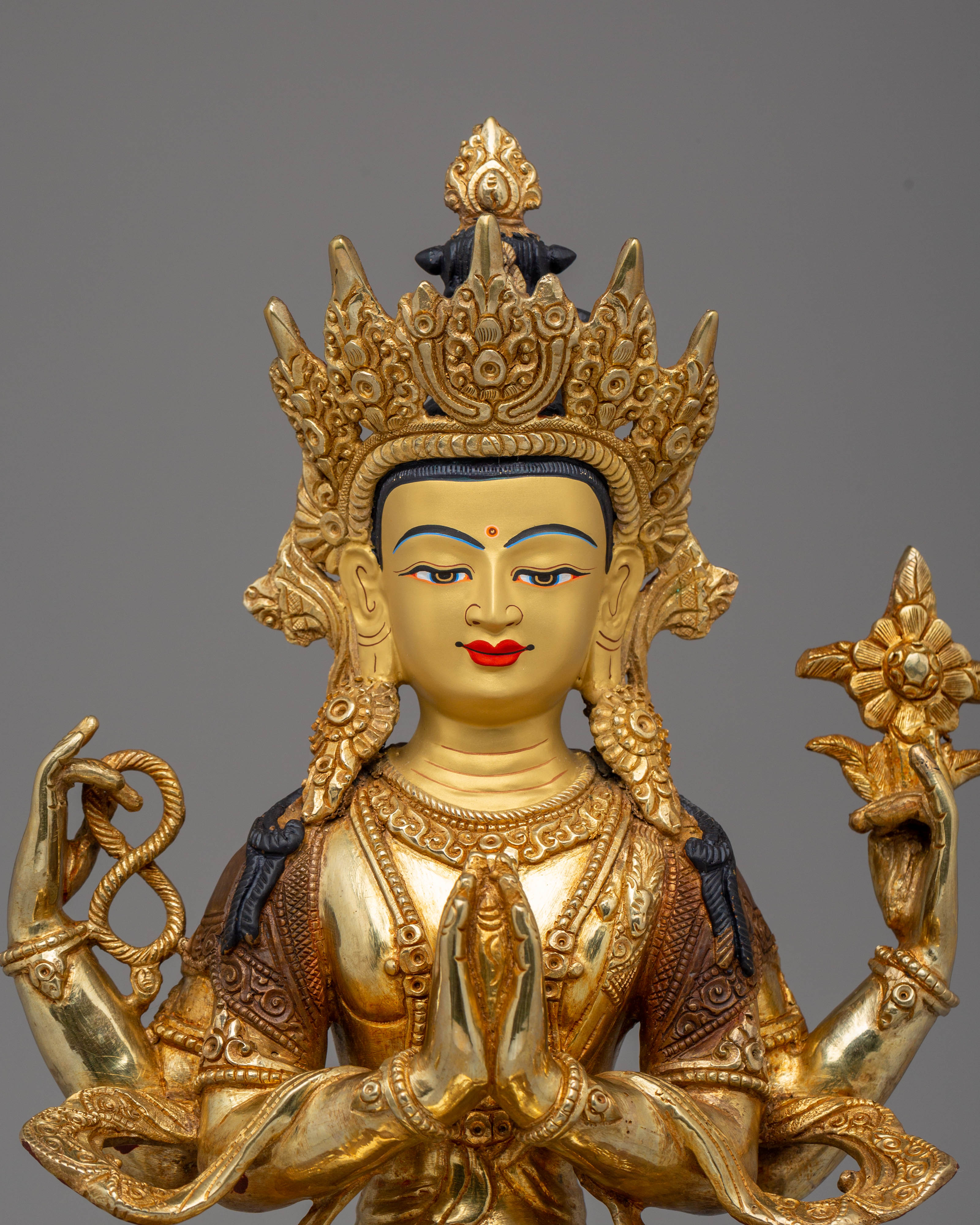 Handmade Golden Statue of Chenrezig | Tibetan Artwork