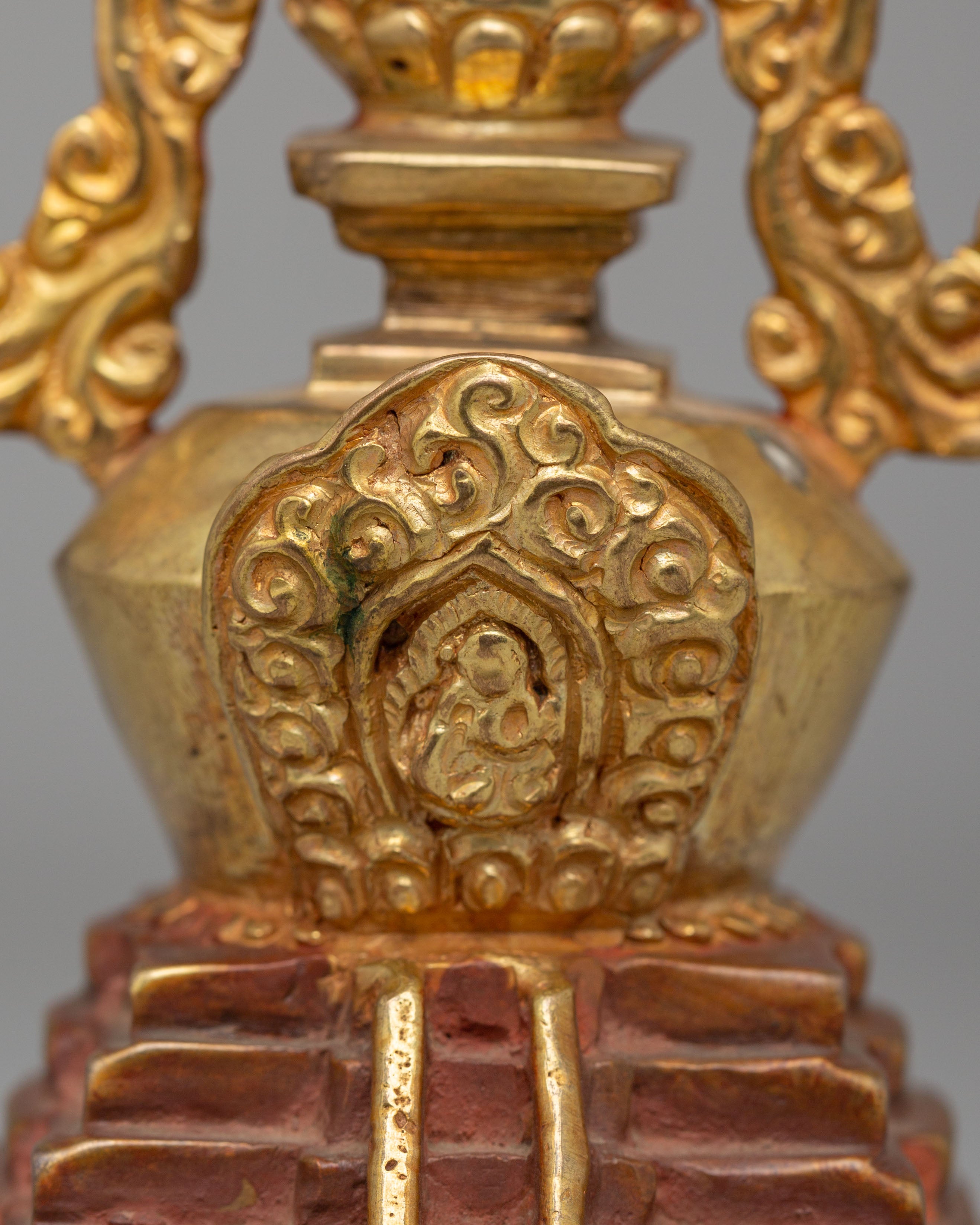 Handmade Descent from Heaven Stupa | Gold Plated Tibetan Stupa for Meditation