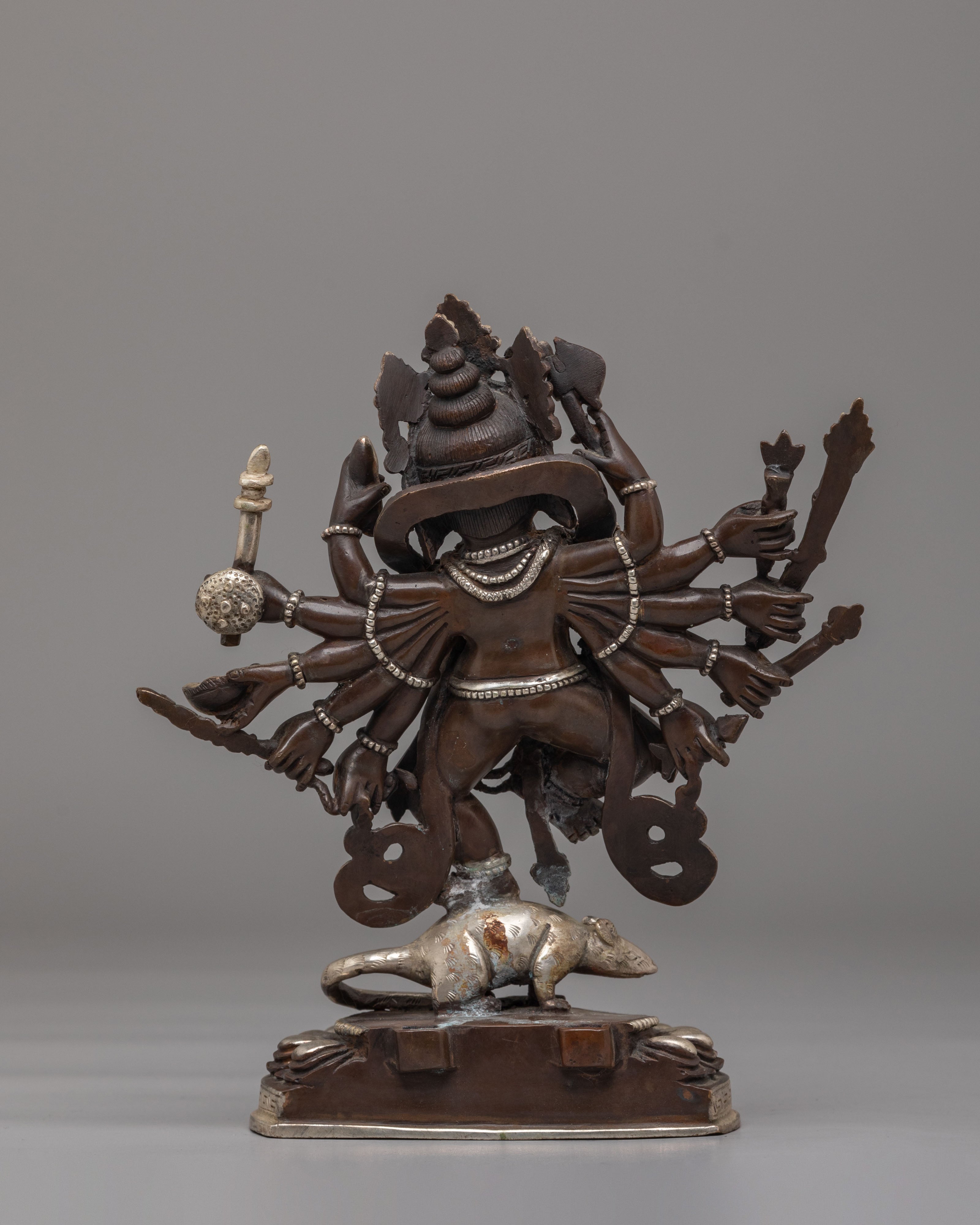 12-Armed Maha Rakta Ganesha Statue | Silver Plated Copper Deity