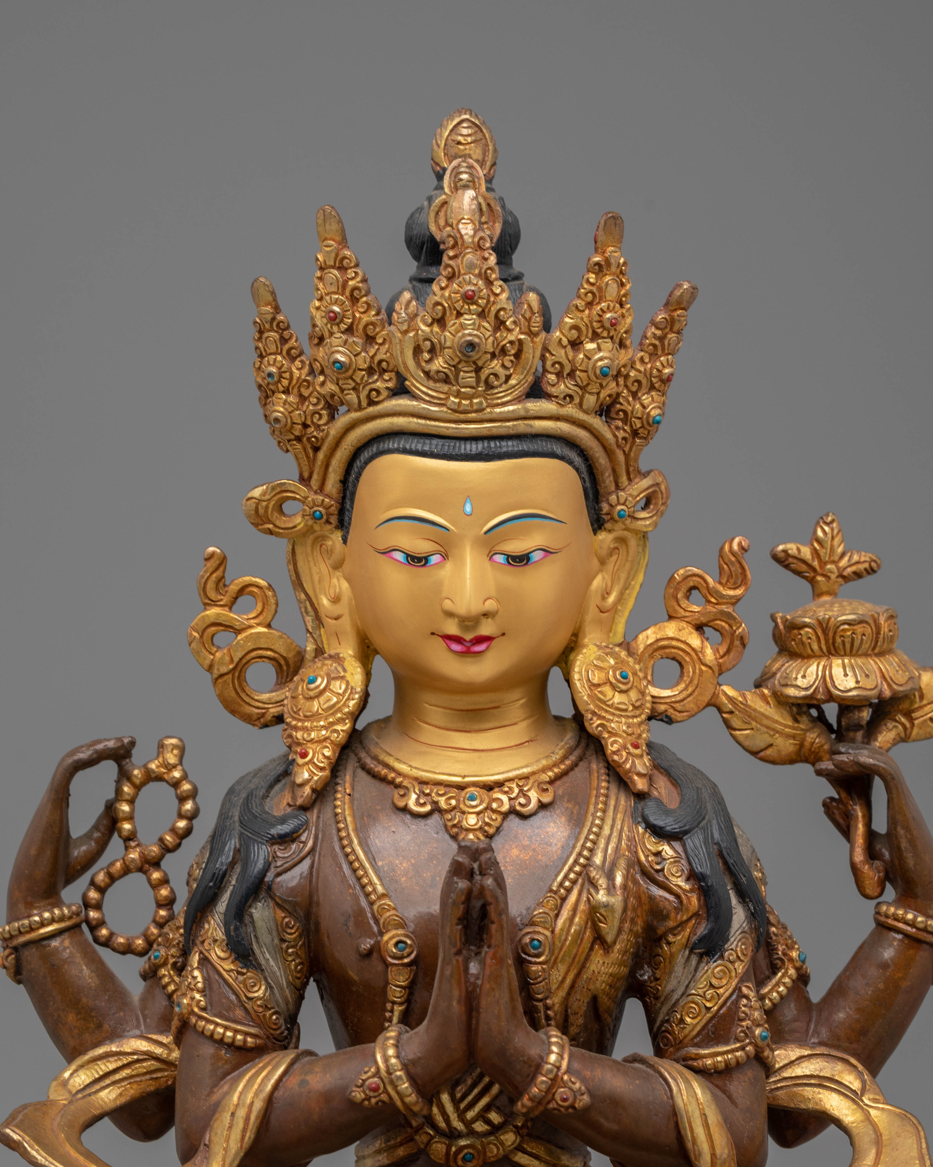 Handcrafted Copper Sculpture of Chenrezig with 24K Gold Gilding and Silver Plating