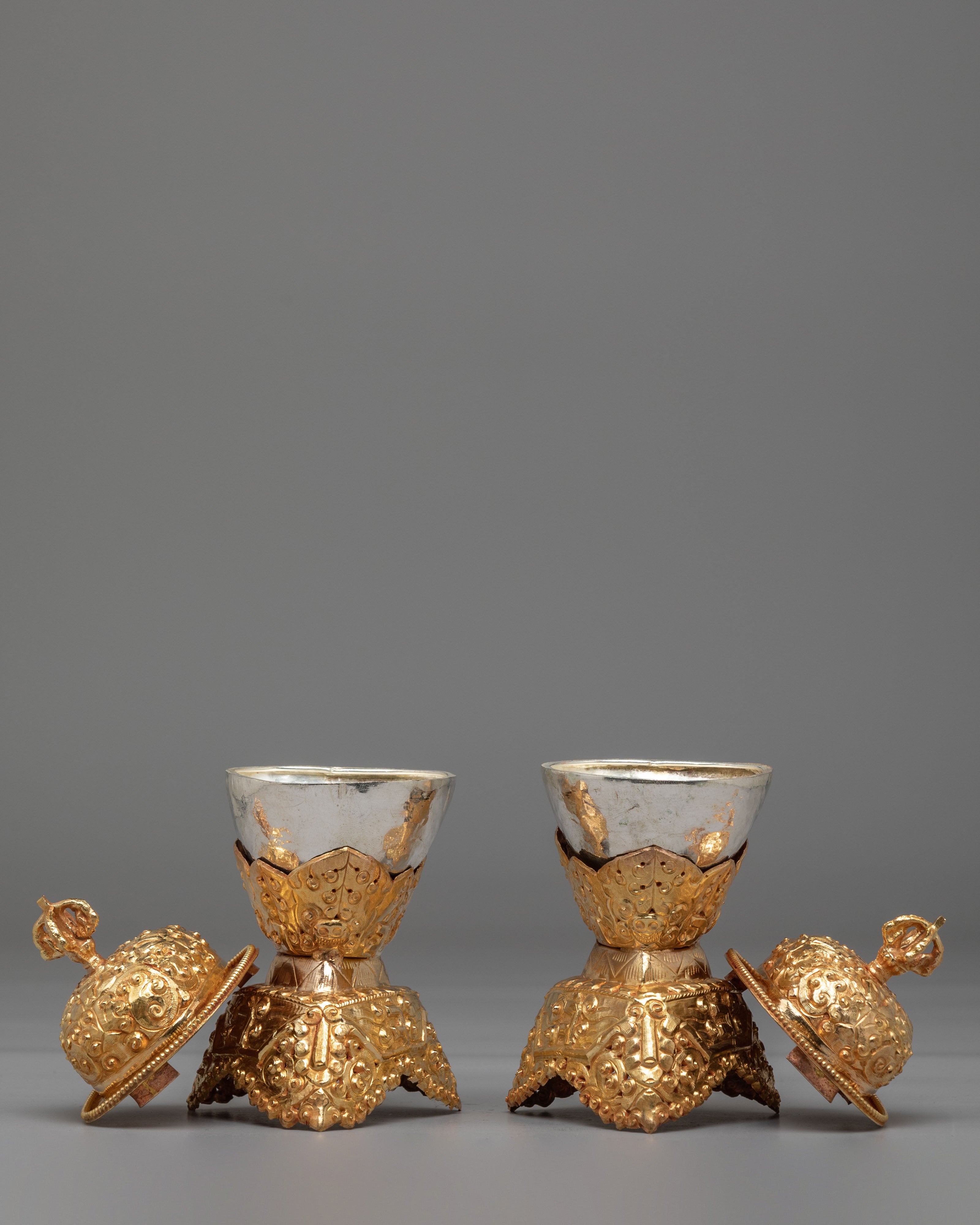 Traditional Ritual Kapala Set | Gold Gilded and Silver Coated Vessels
